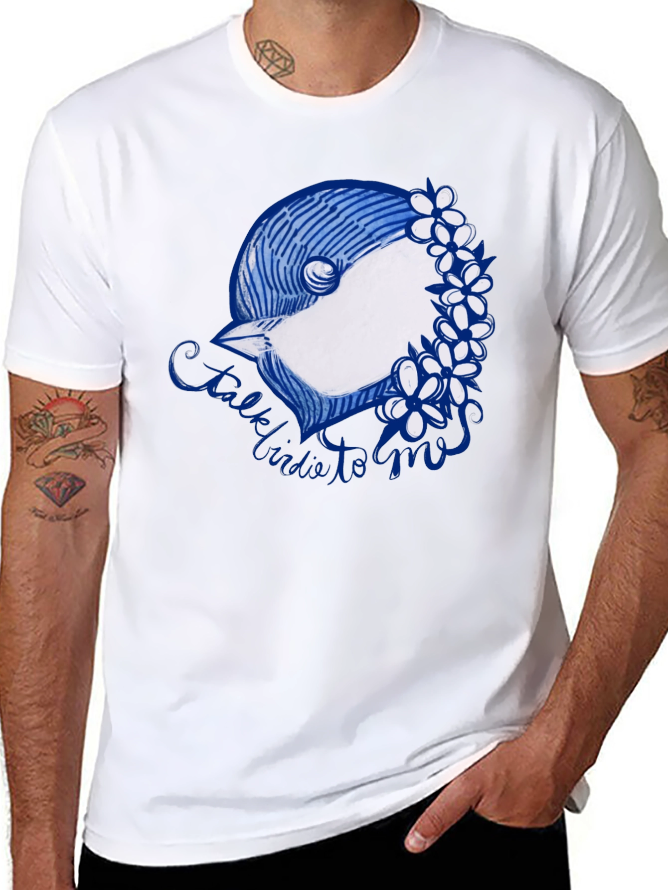 Black T-Shirt with Bird & Flowers Graphic