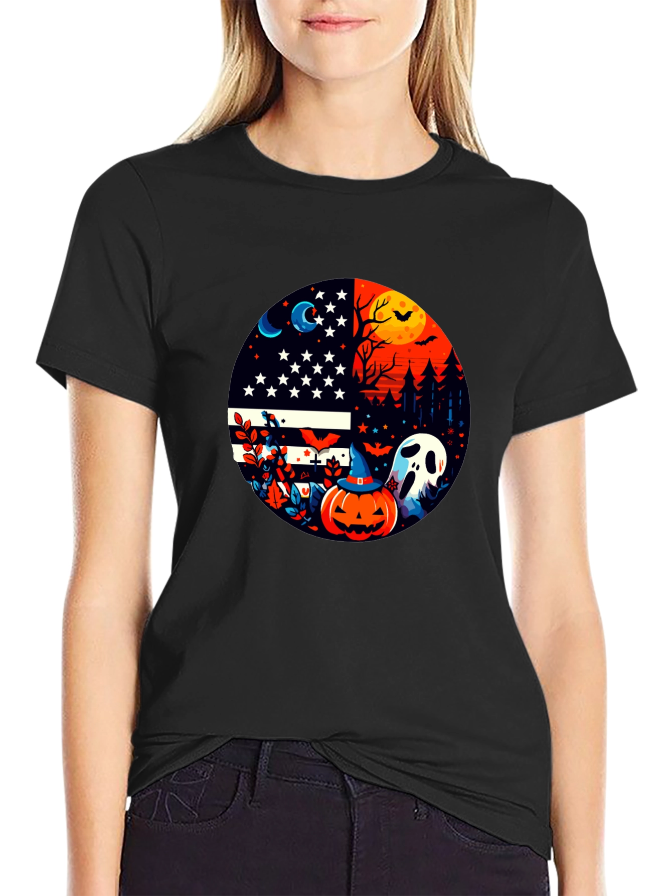 Halloween USA Flag Pumpkin Ghost T-Shirt