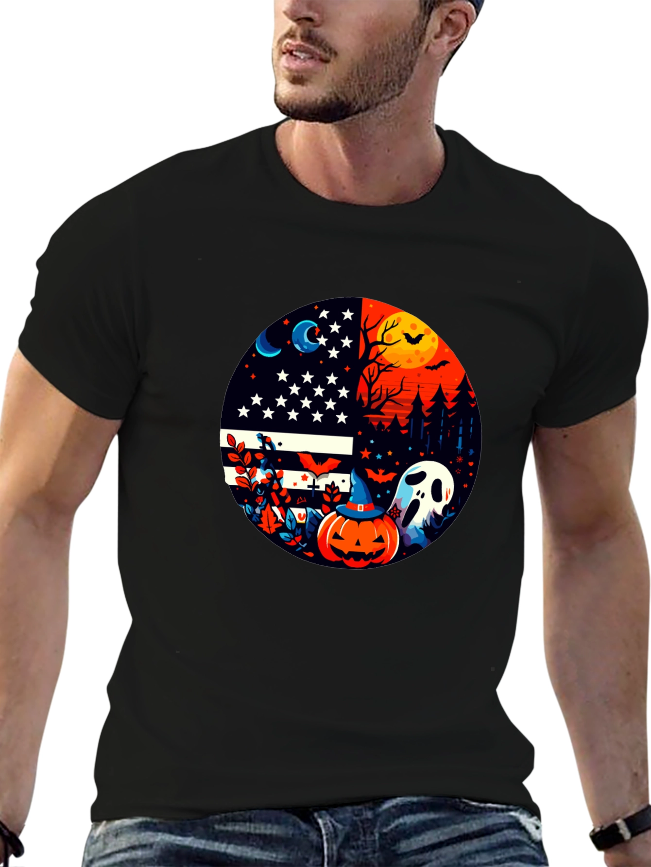 Halloween USA Flag Pumpkin Ghost T-Shirt