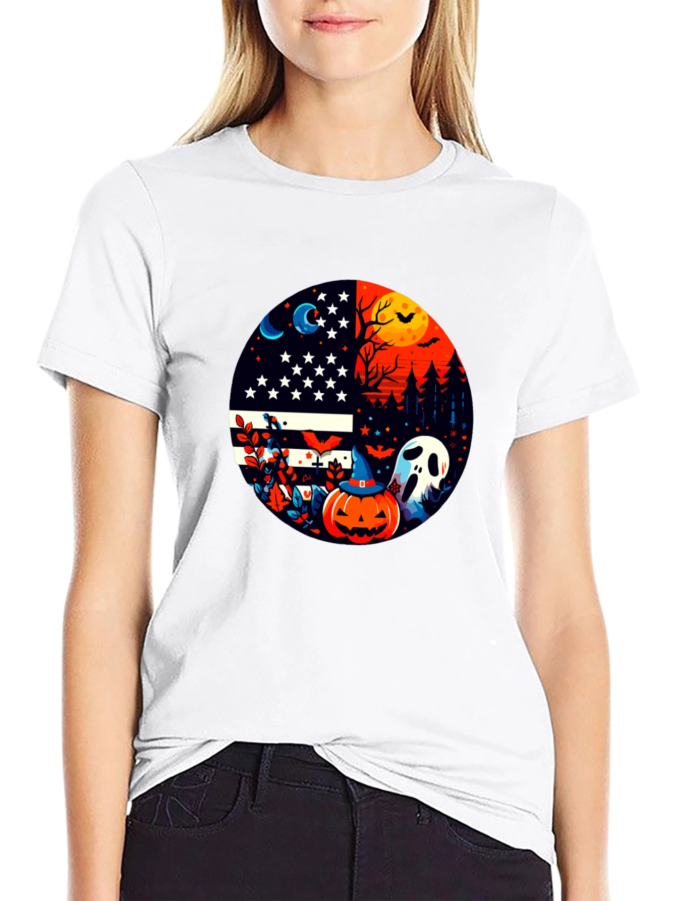 Halloween USA Flag Pumpkin Ghost T-Shirt