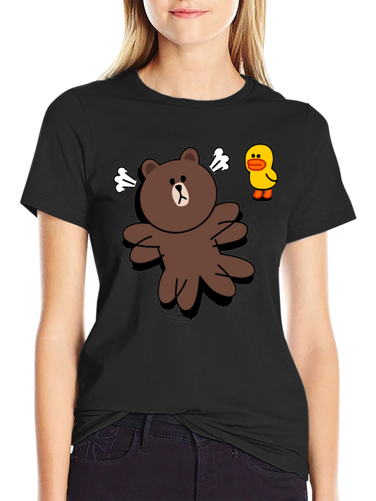 Cartoon Bear & Duck Graphic Black T-Shirt