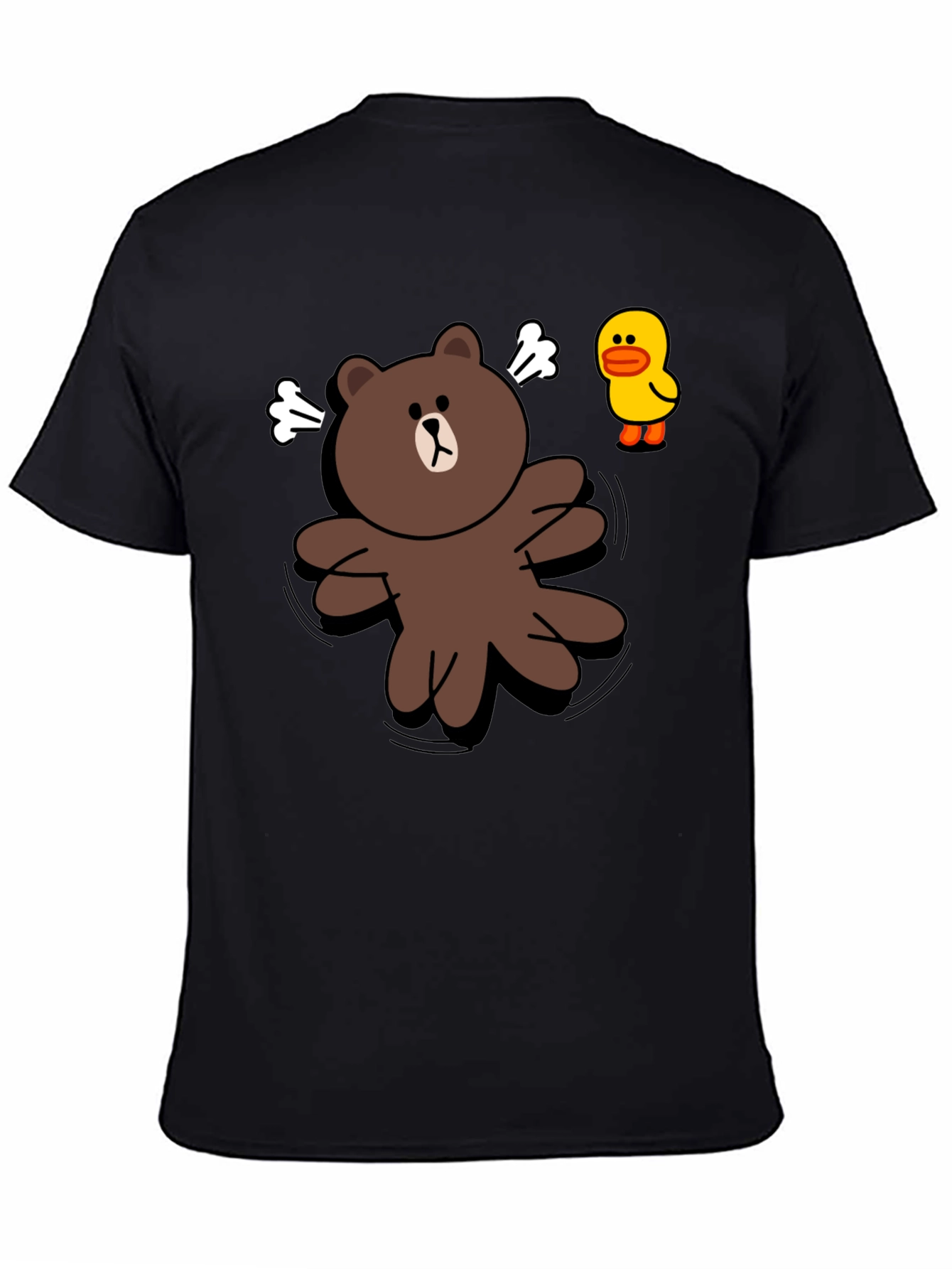Cartoon Bear & Duck Graphic Black T-Shirt