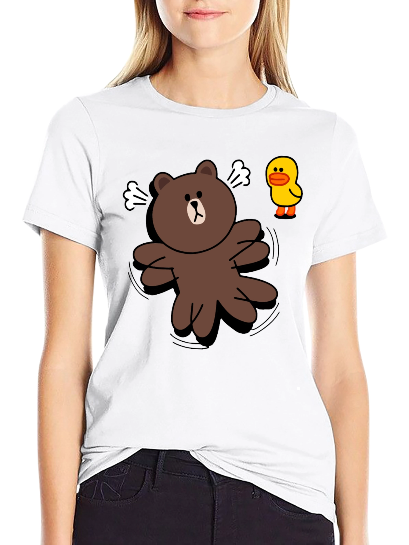 Cartoon Bear & Duck Graphic Black T-Shirt