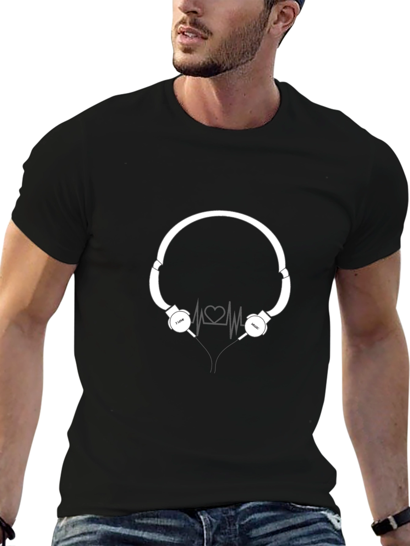 I Love Music Black T-Shirt with Headphone Graphic