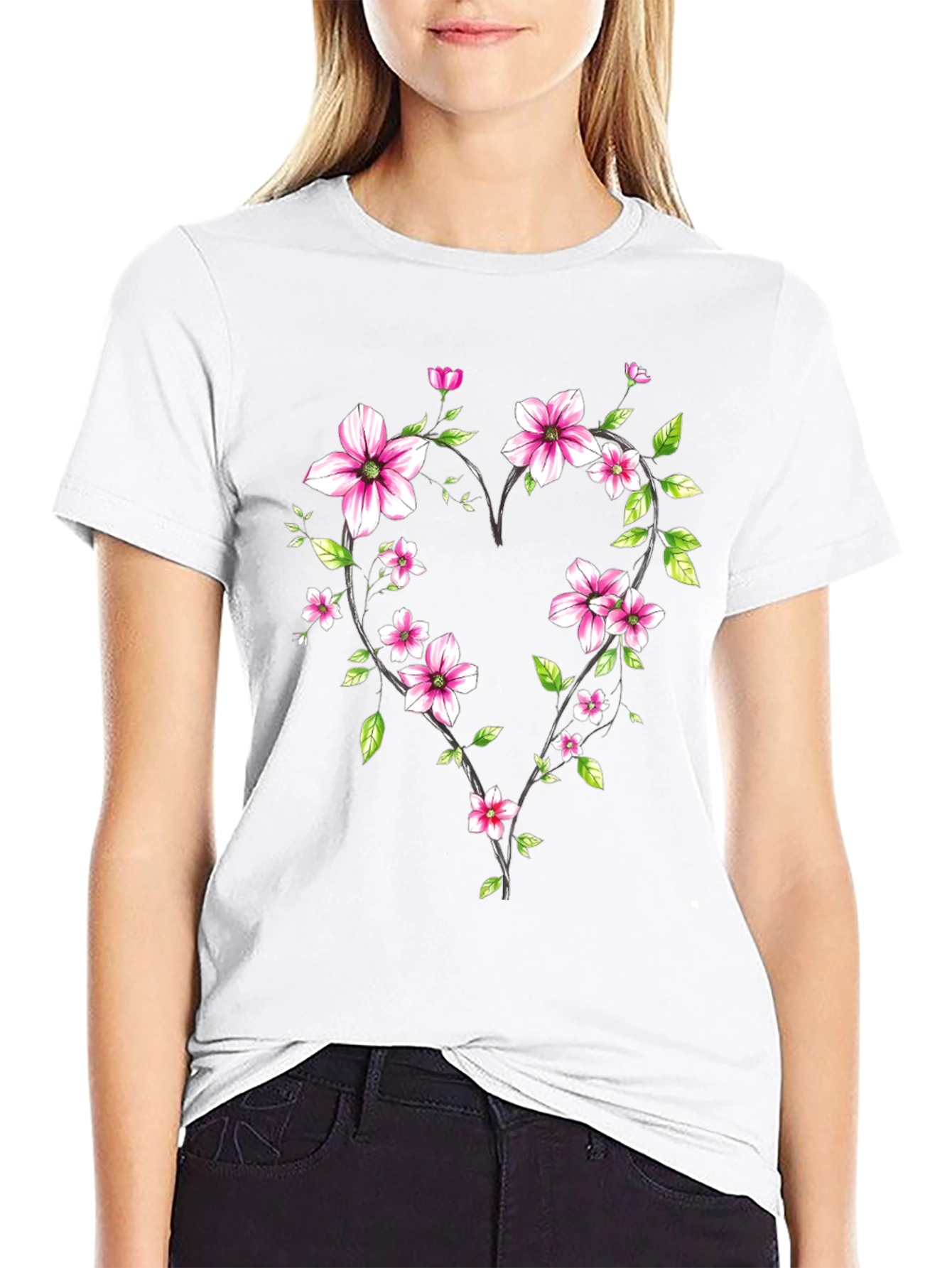 Floral Heart Graphic Black T-Shirt