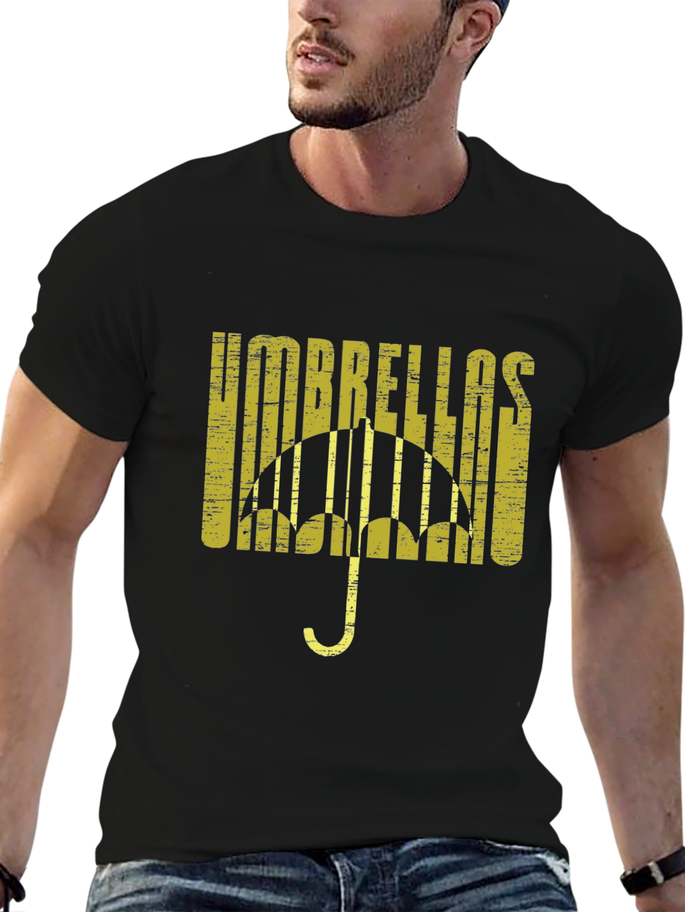 Umbrellas Distressed Graphic Tee - Black Cotton T-Shirt