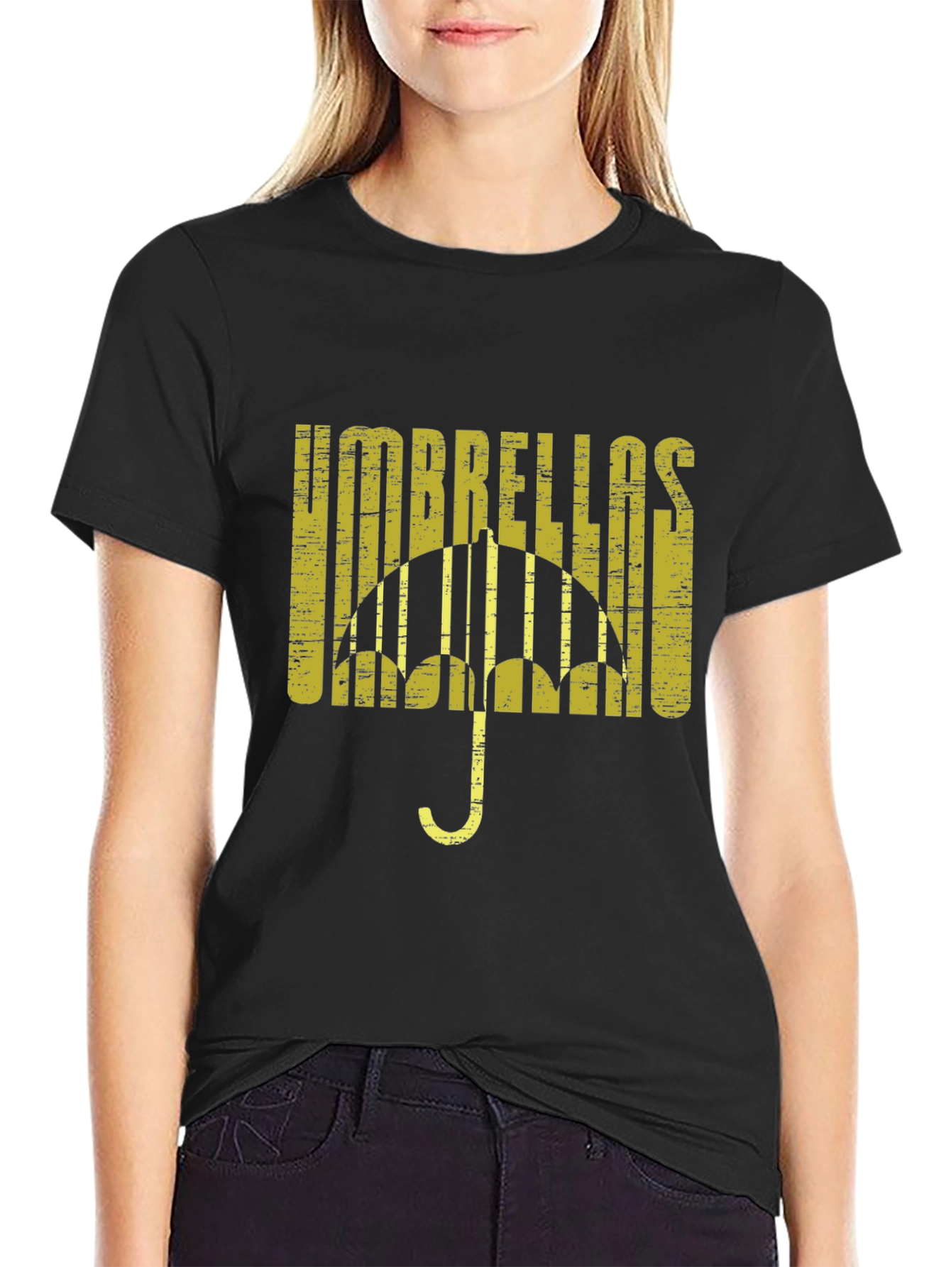 Umbrellas Distressed Graphic Tee - Black Cotton T-Shirt