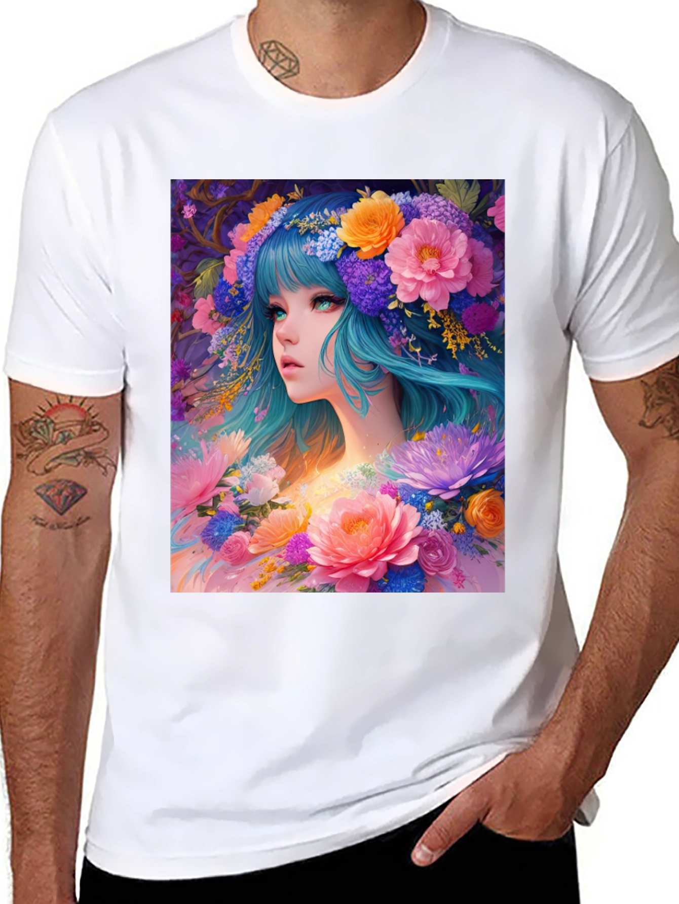 Floral Anime Girl Black T-Shirt