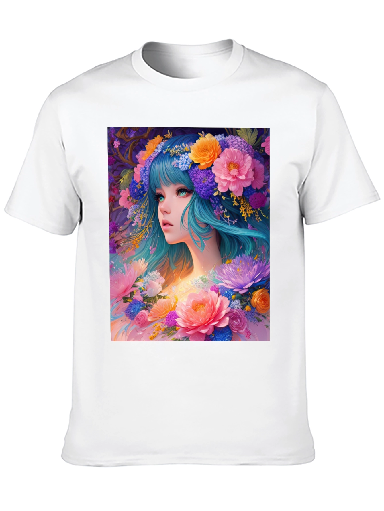 Floral Anime Girl Black T-Shirt