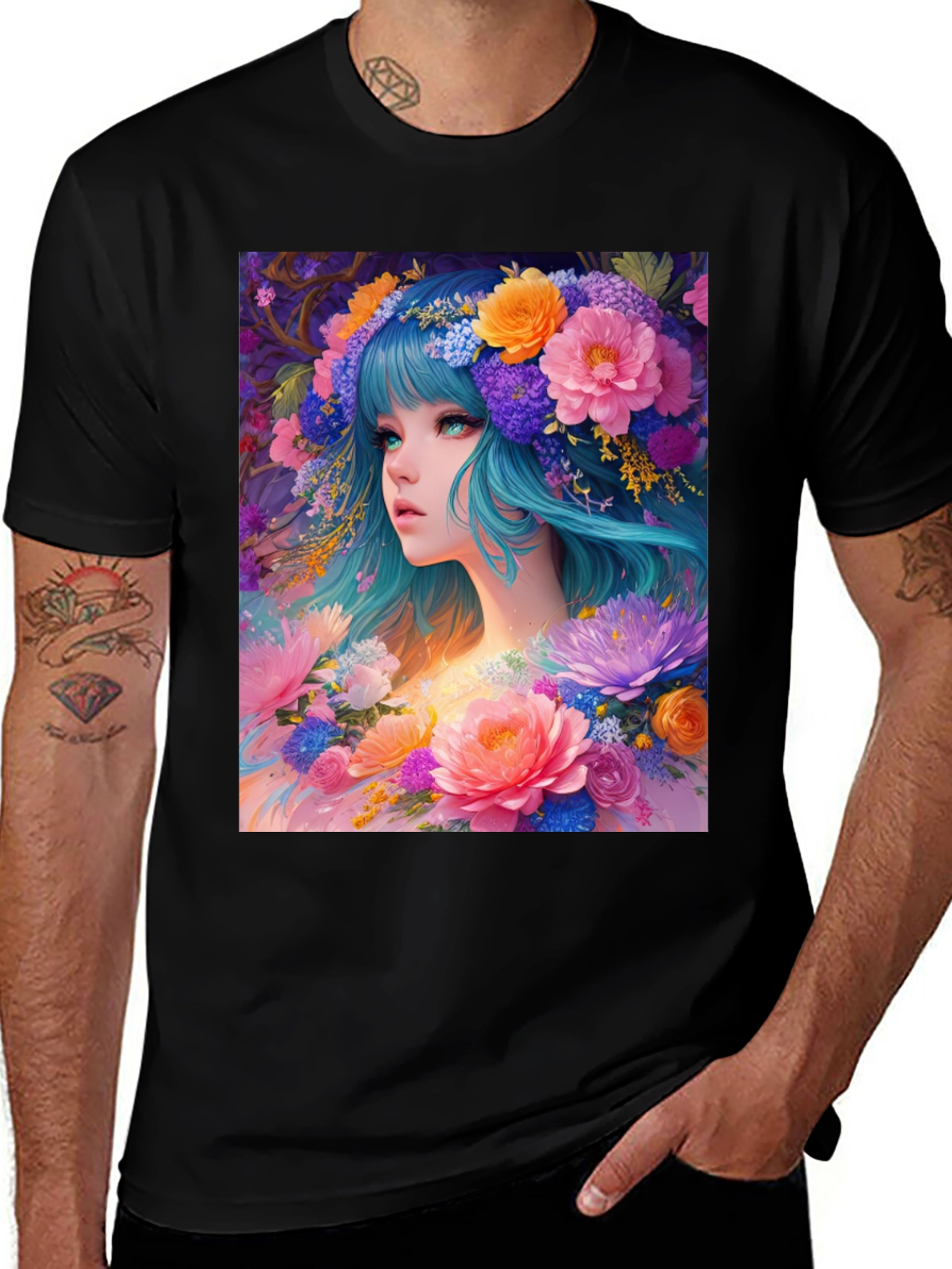 Floral Anime Girl Black T-Shirt