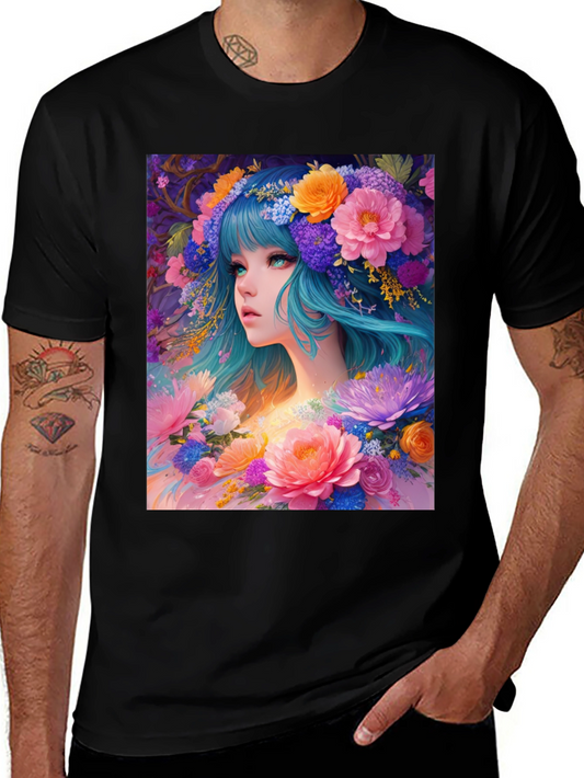 Floral Anime Girl Black T-Shirt