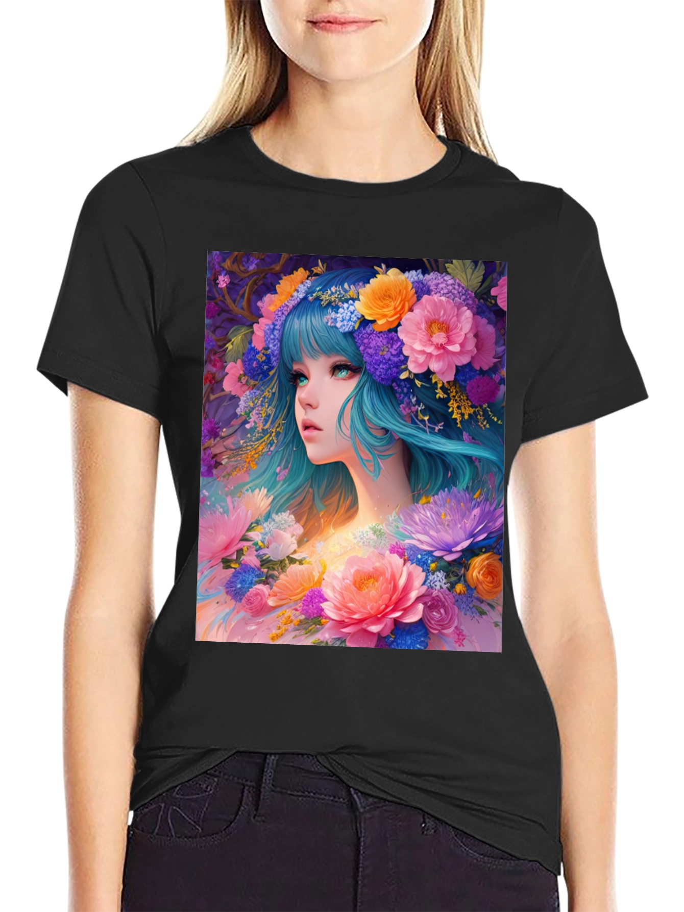 Floral Anime Girl Black T-Shirt