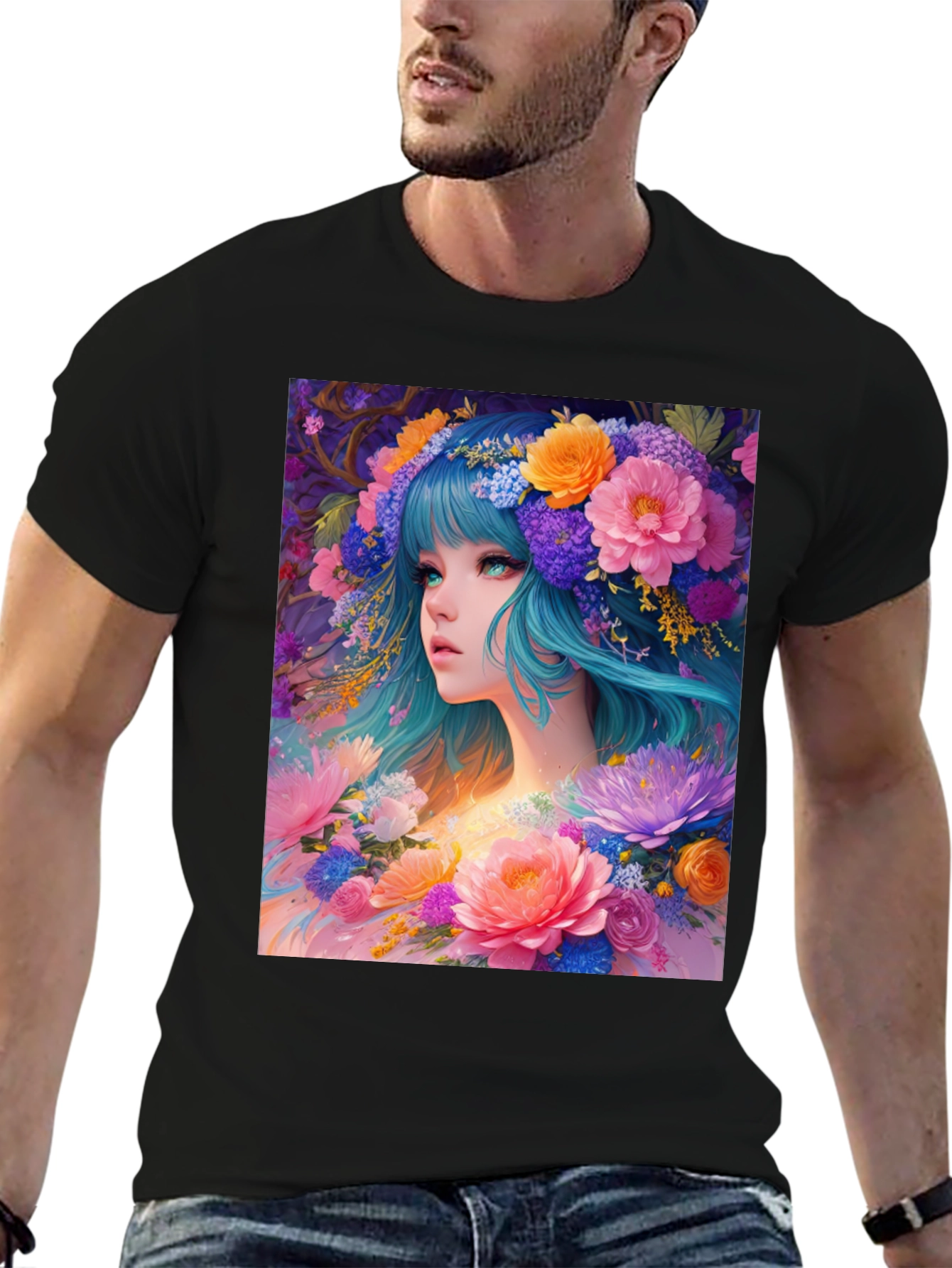 Floral Anime Girl Black T-Shirt