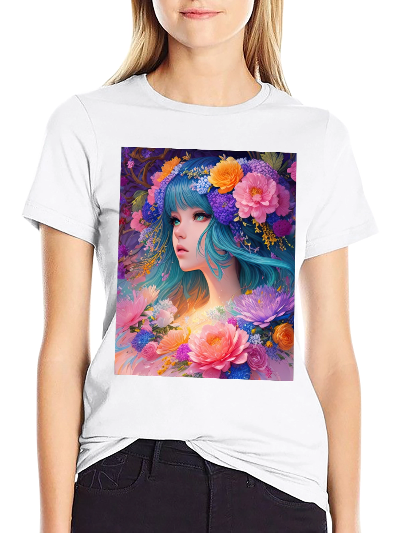 Floral Anime Girl Black T-Shirt