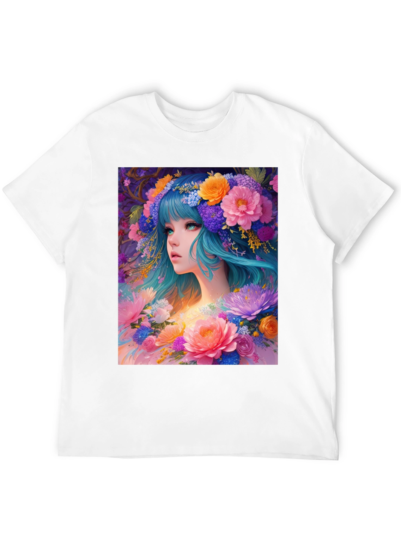 Floral Anime Girl Black T-Shirt