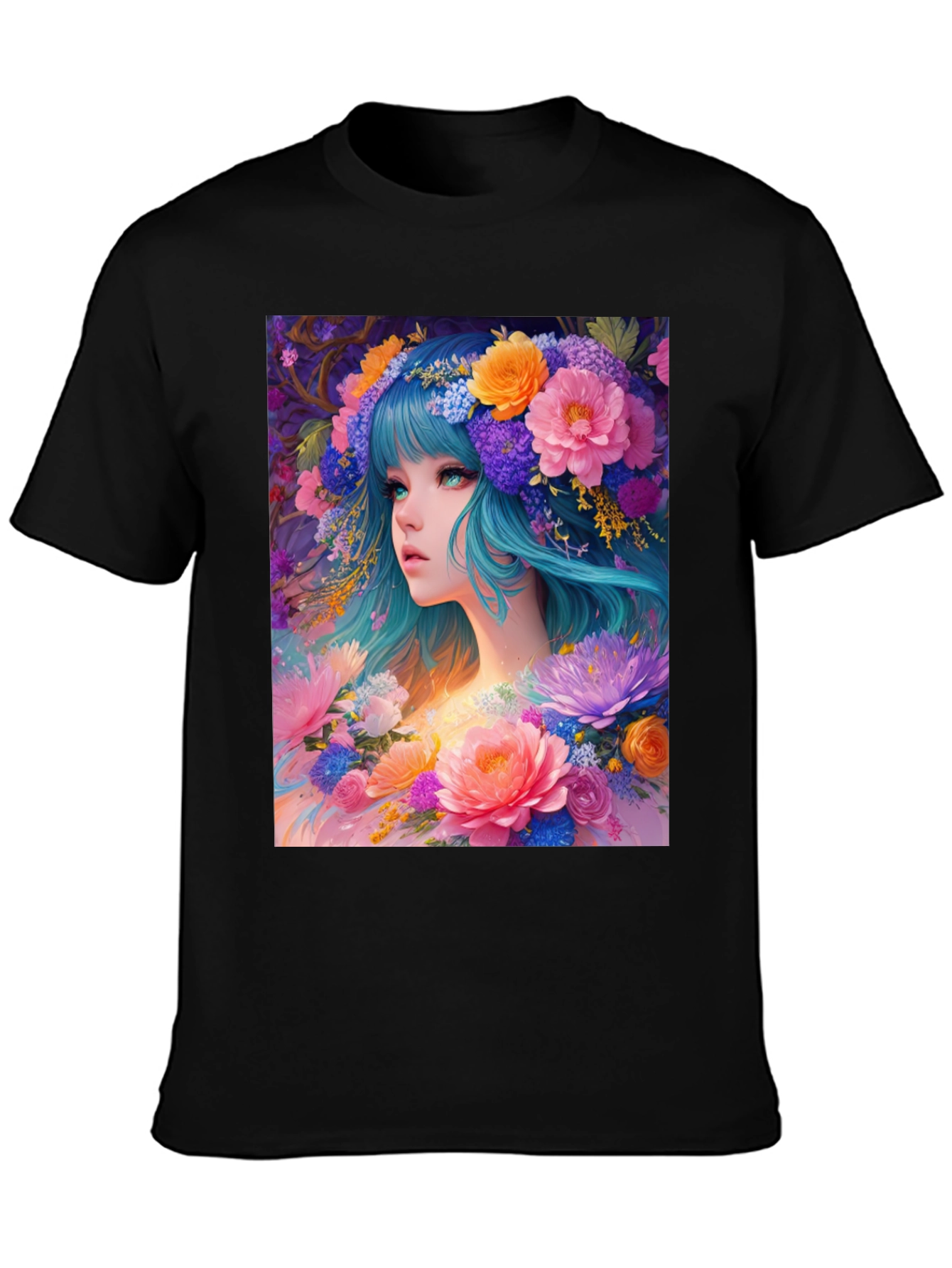 Floral Anime Girl Black T-Shirt