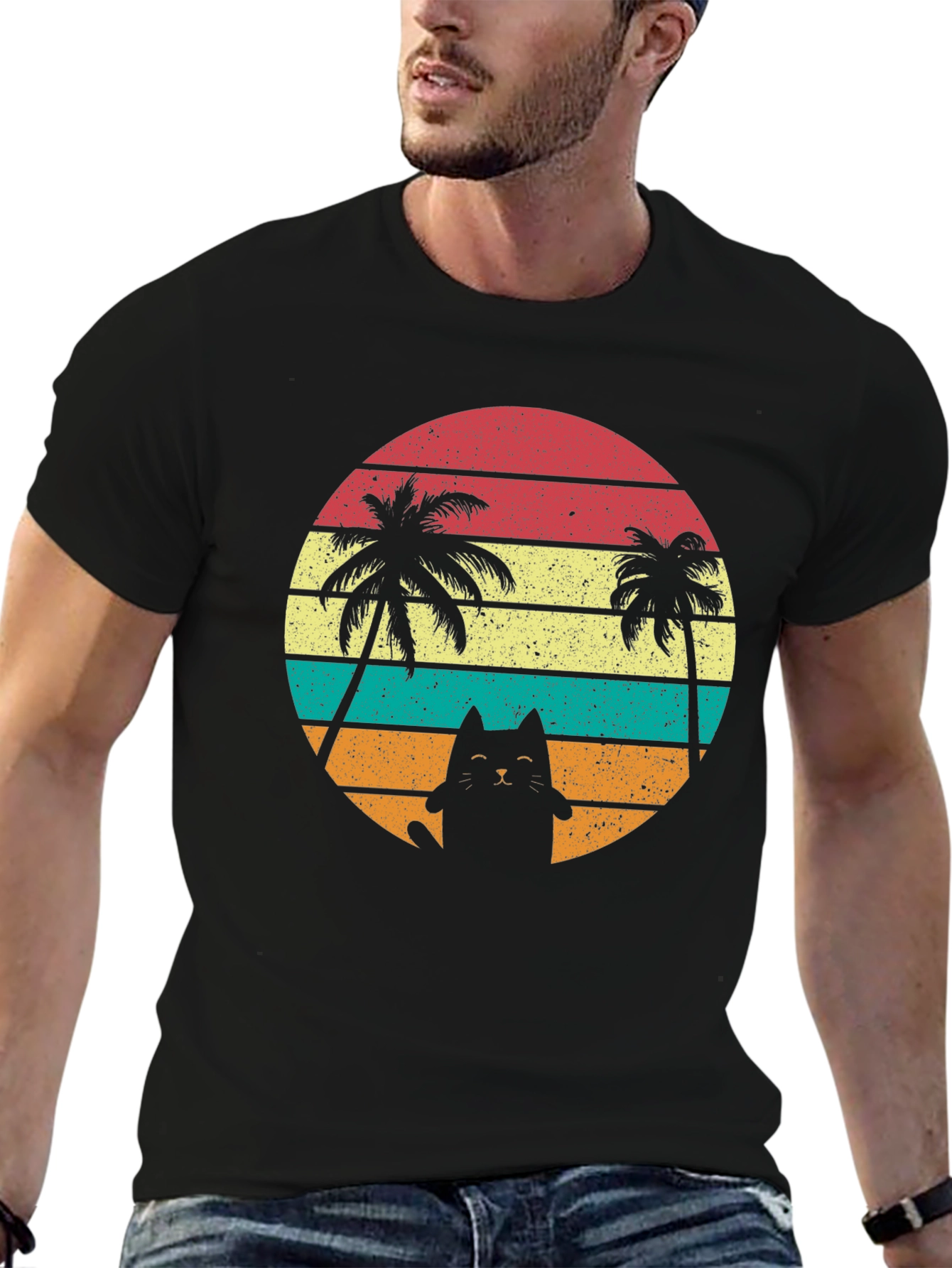 Retro Cat & Palm Trees T-Shirt