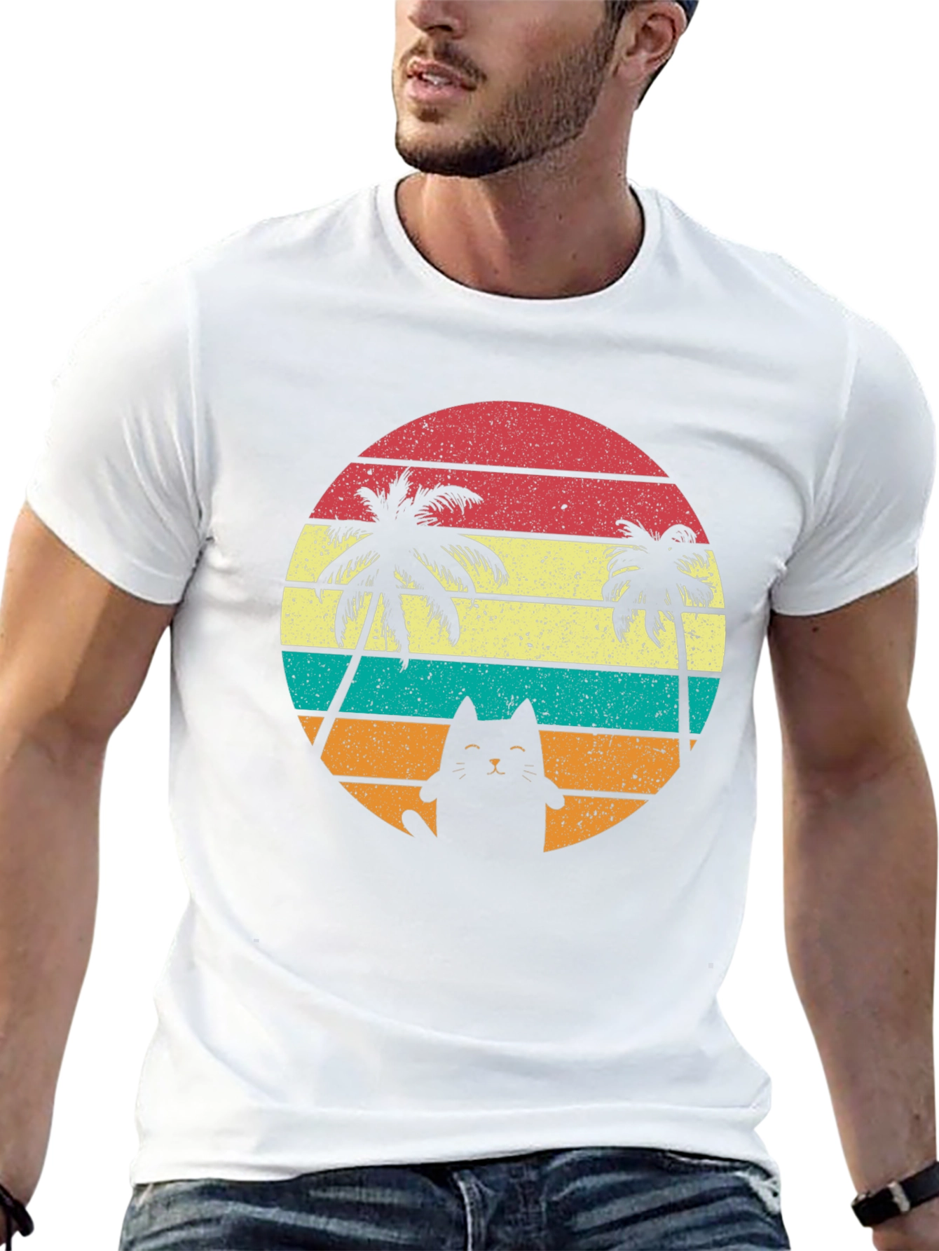 Retro Cat & Palm Trees T-Shirt