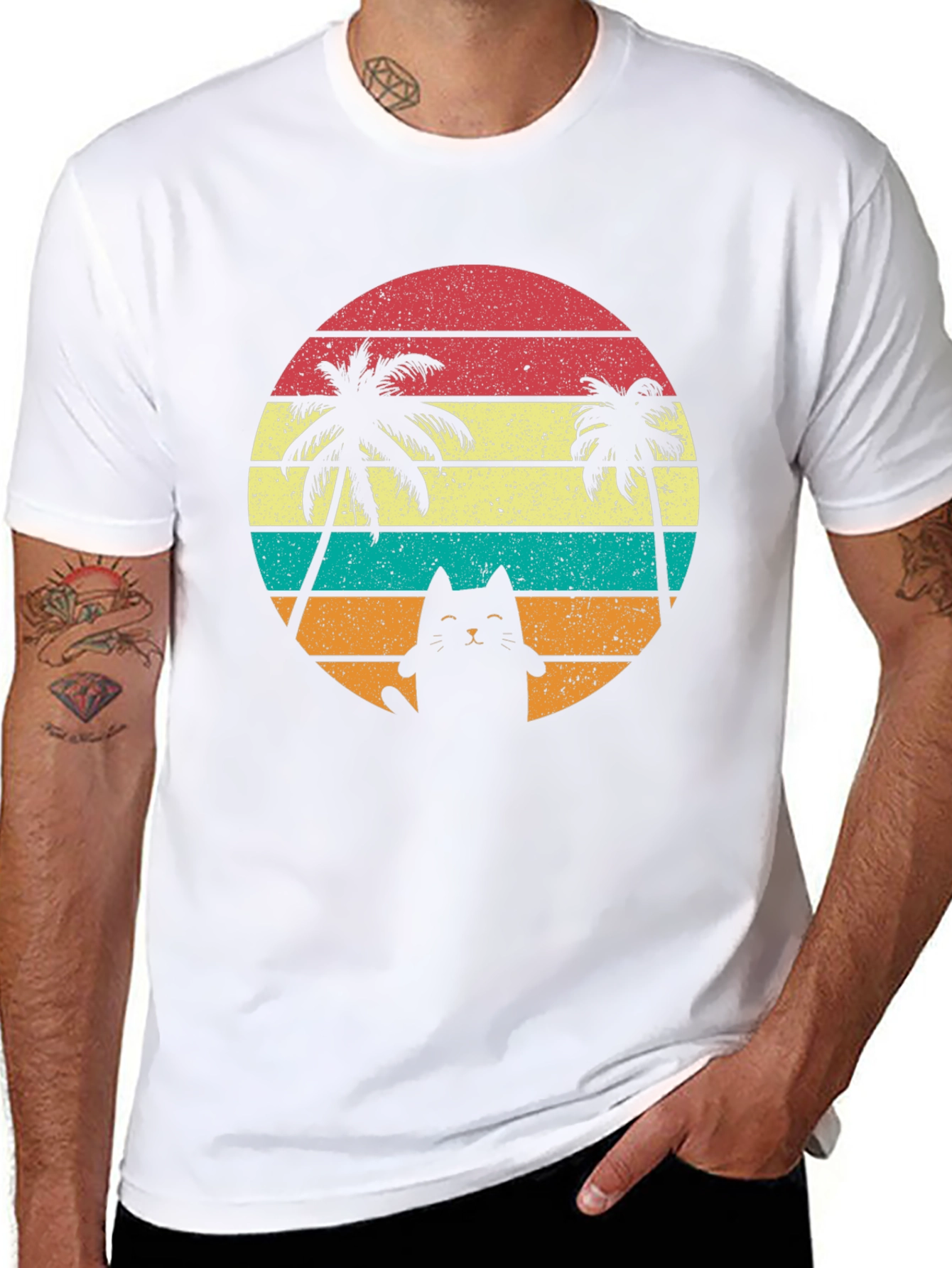 Retro Cat & Palm Trees T-Shirt