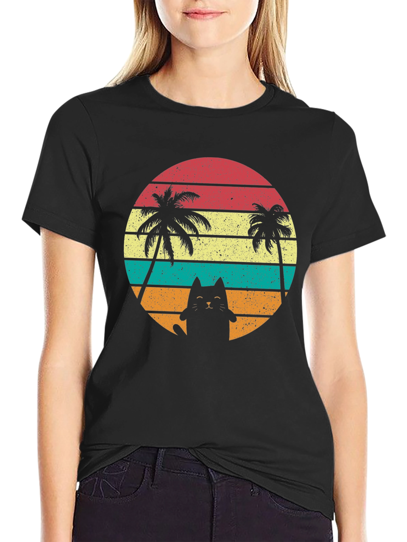 Retro Cat & Palm Trees T-Shirt