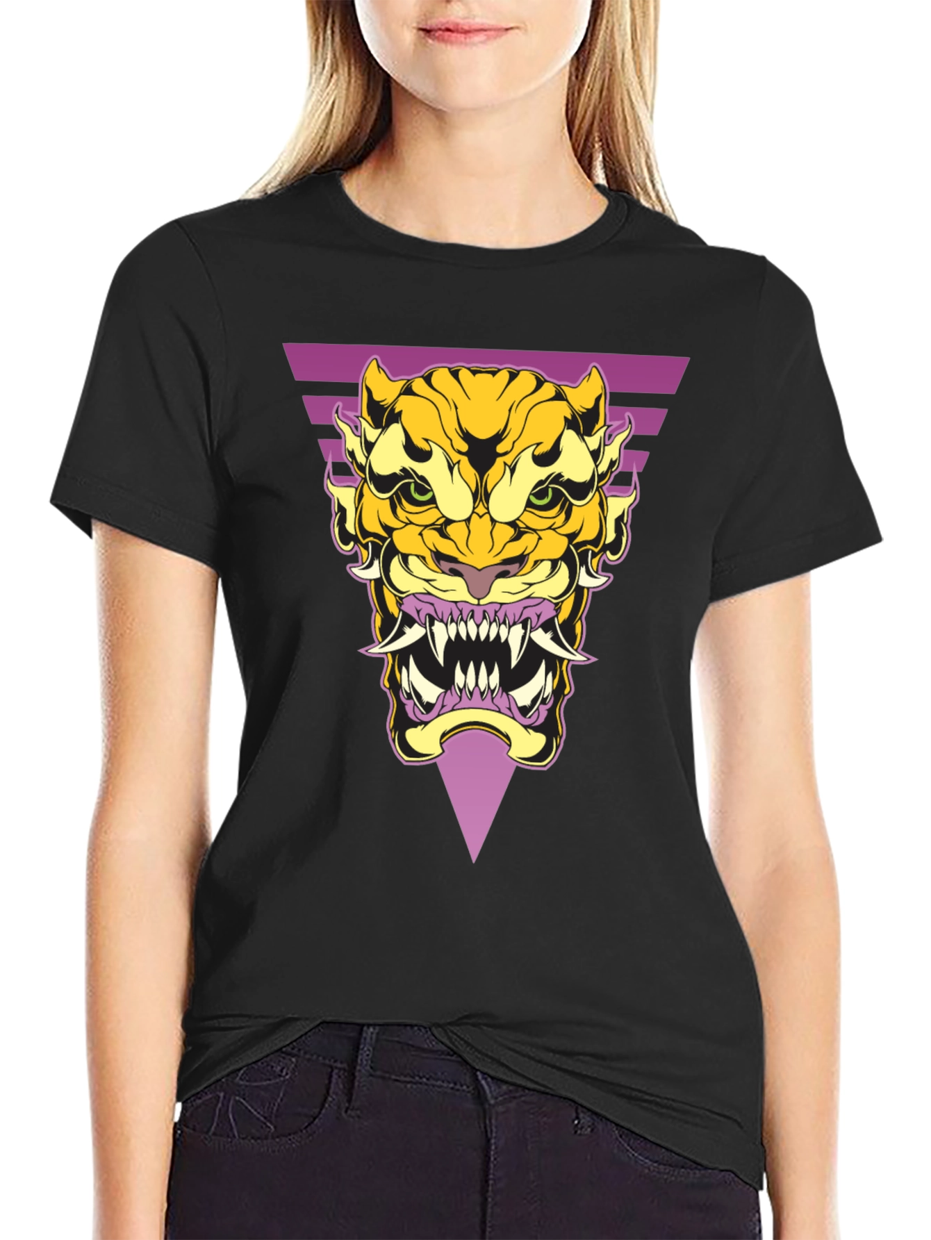 Geometric Tiger Graphic Tee - Black Cotton T-Shirt