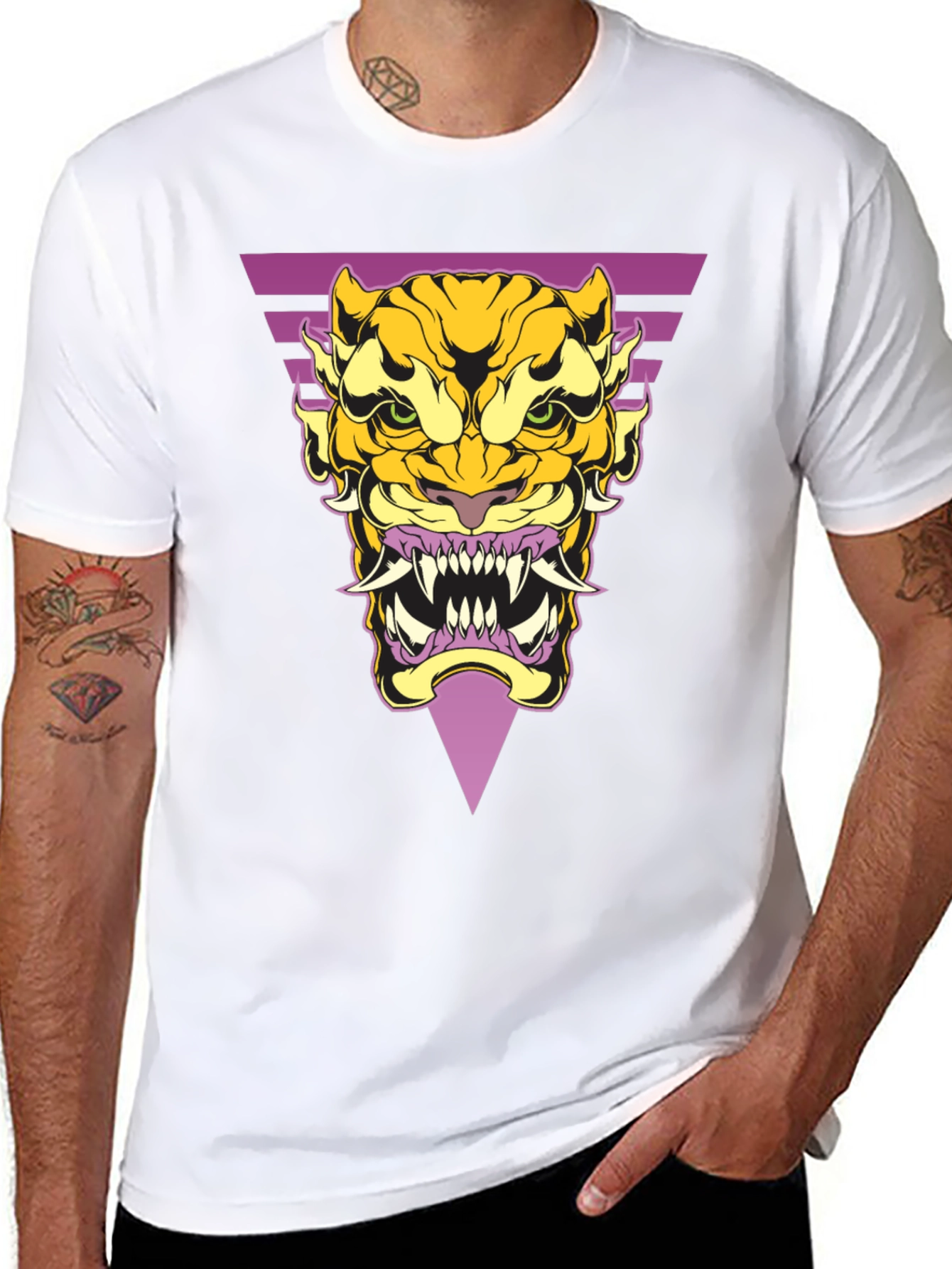 Geometric Tiger Graphic Tee - Black Cotton T-Shirt