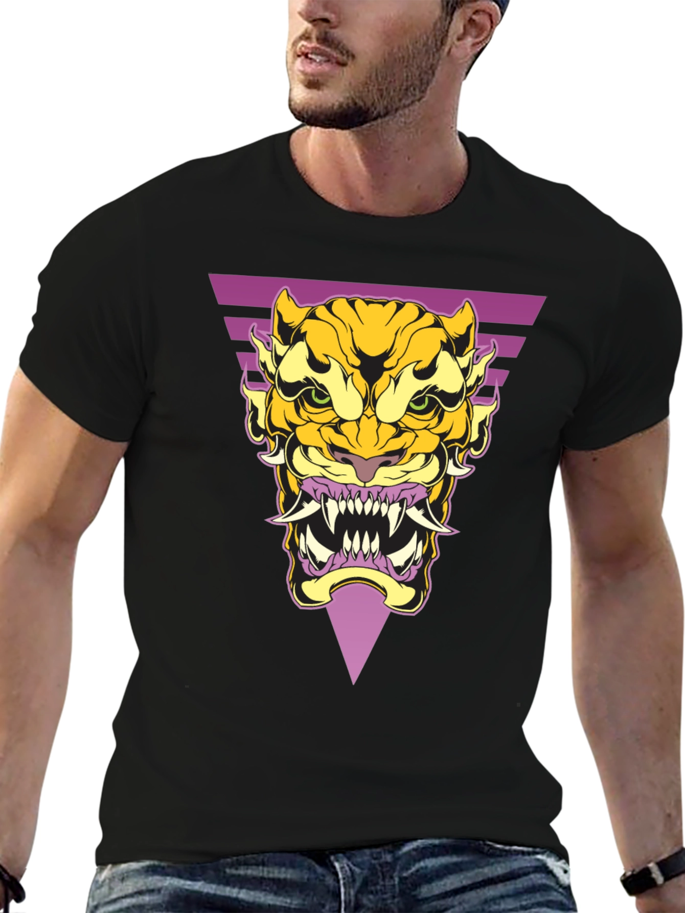 Geometric Tiger Graphic Tee - Black Cotton T-Shirt