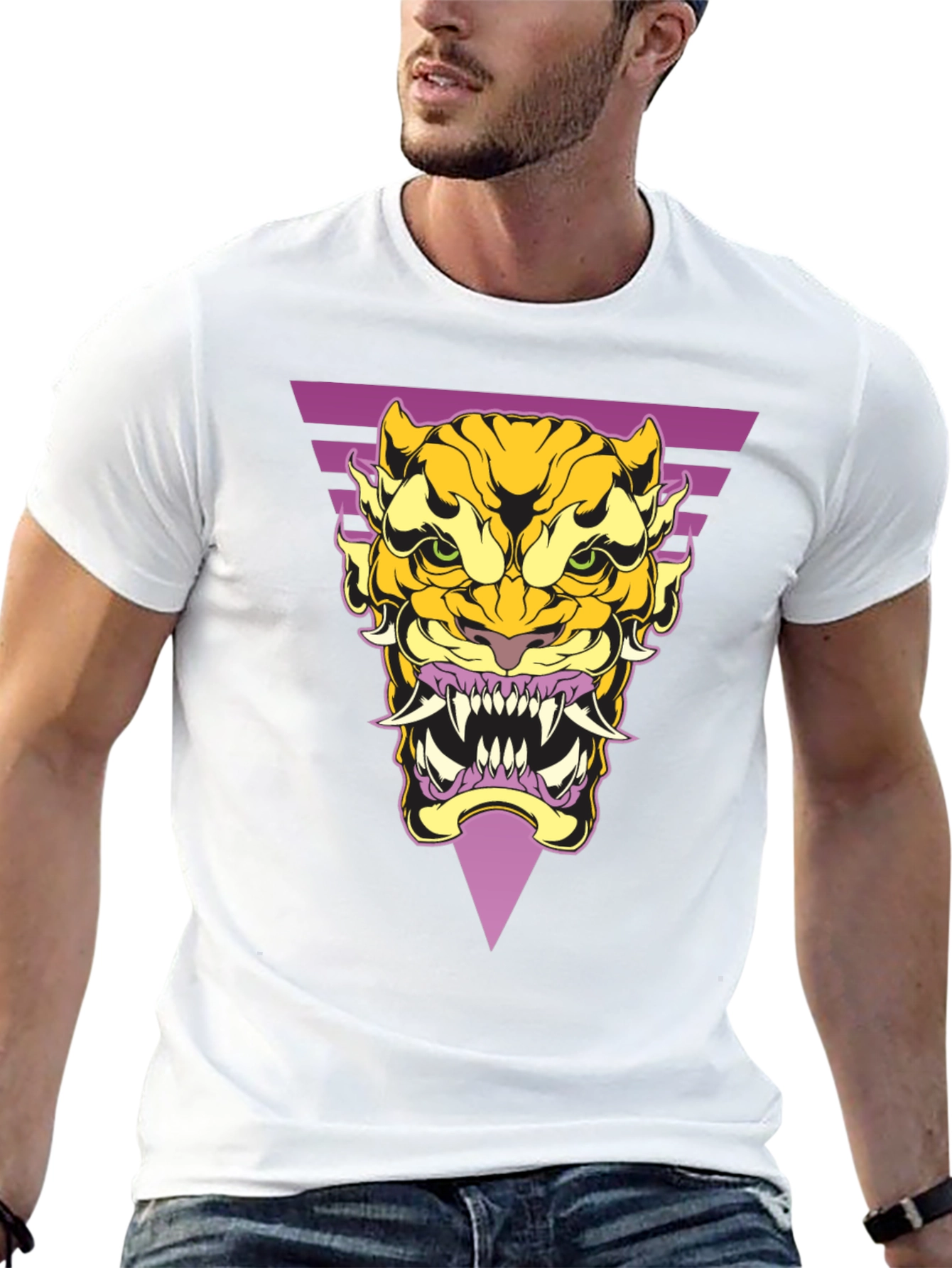 Geometric Tiger Graphic Tee - Black Cotton T-Shirt