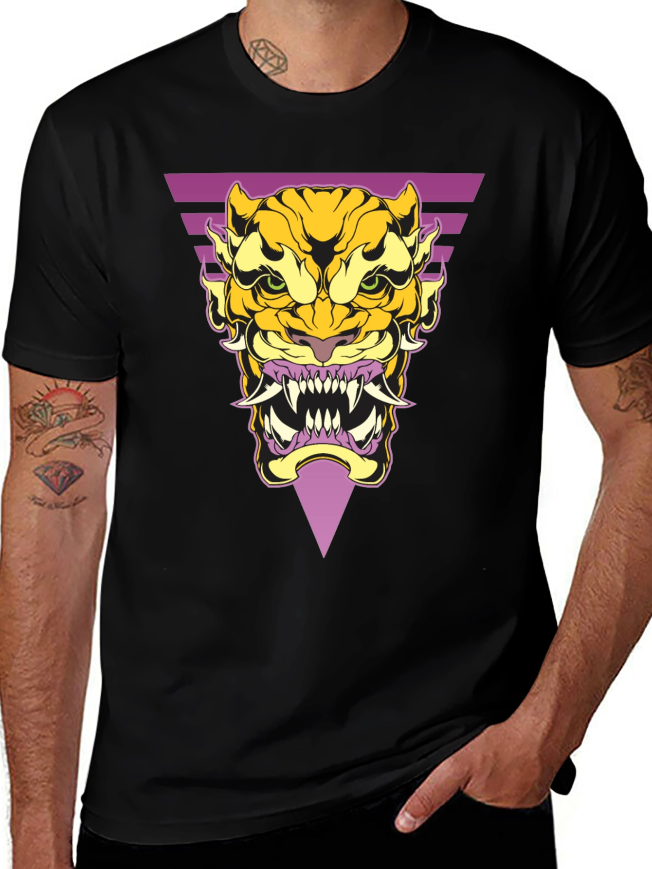 Geometric Tiger Graphic Tee - Black Cotton T-Shirt