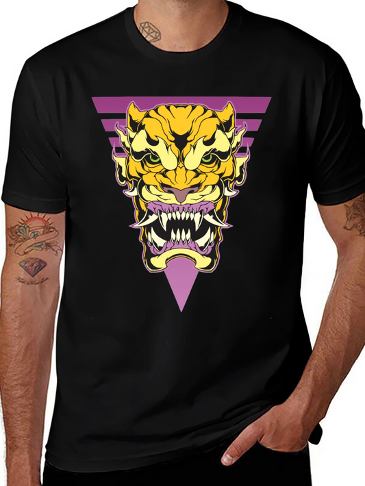 Geometric Tiger Graphic Tee - Black Cotton T-Shirt