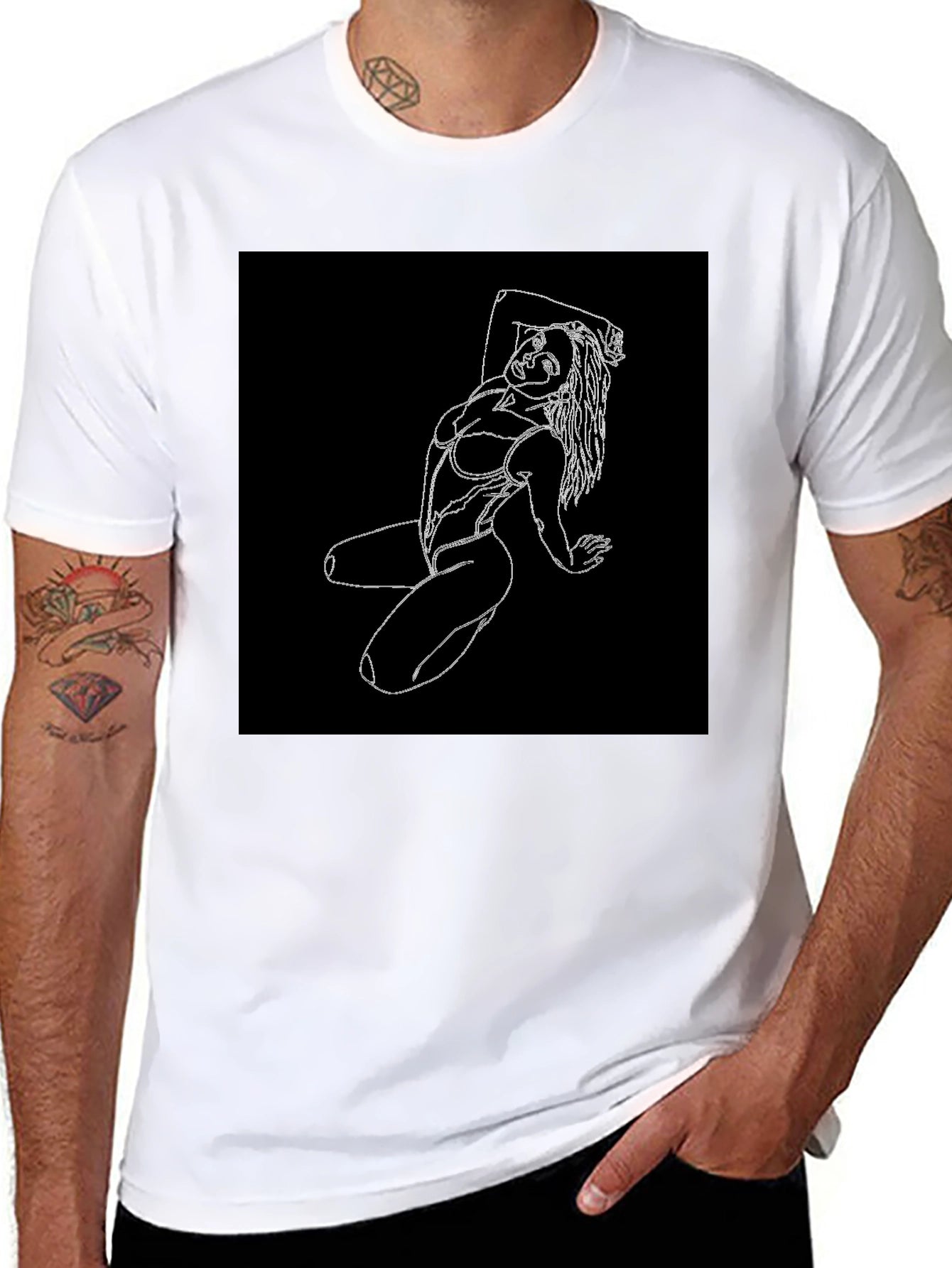 Black T-Shirt with White Line Art Woman Graphic