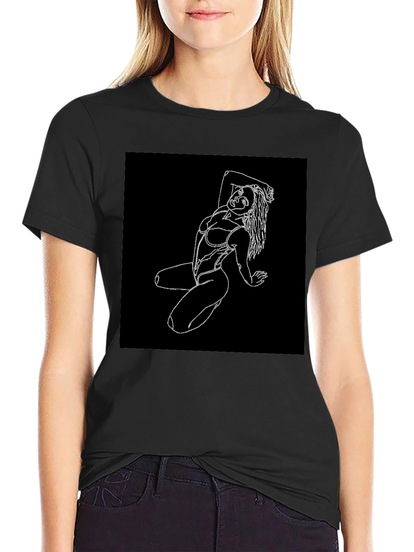 Black T-Shirt with White Line Art Woman Graphic