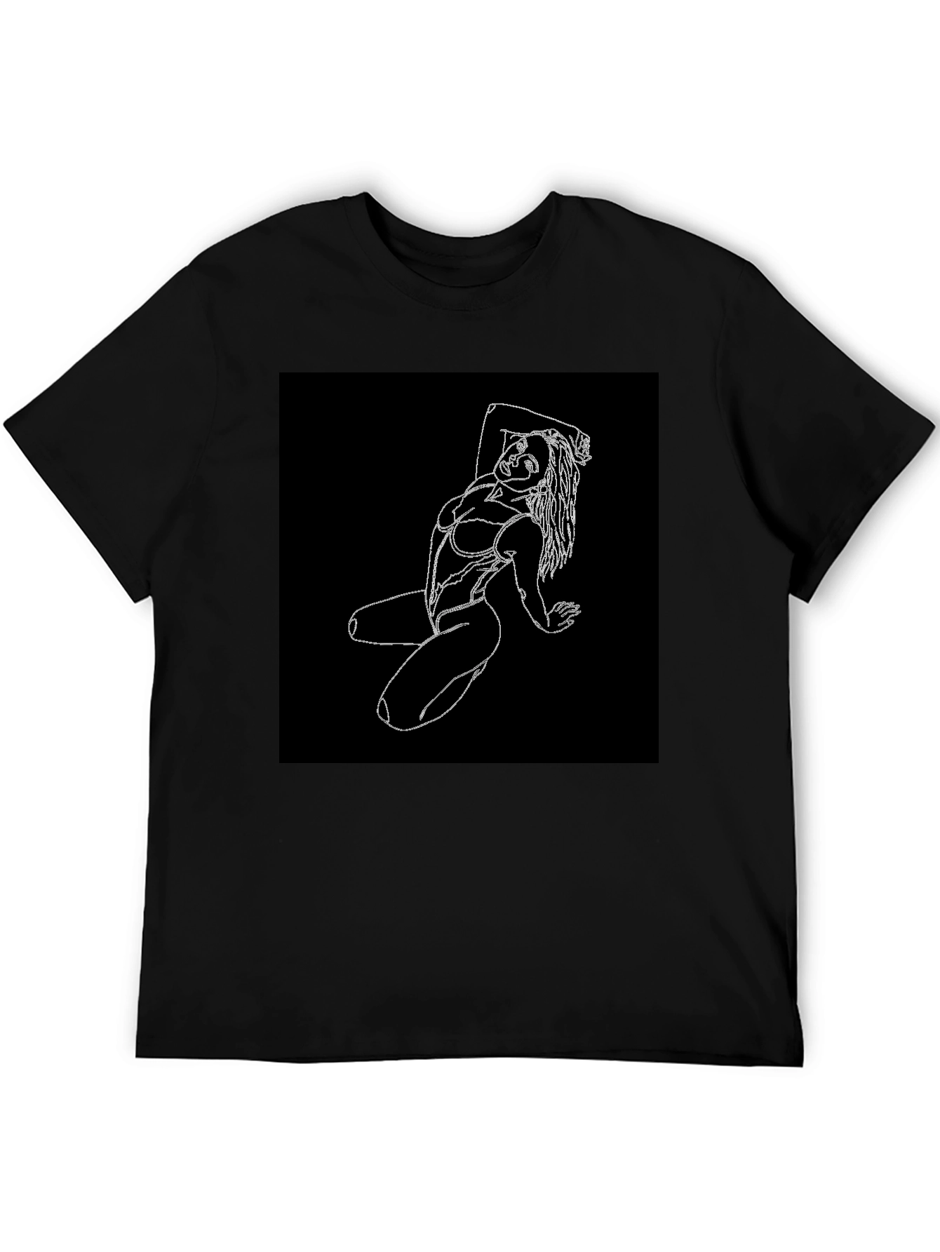 Black T-Shirt with White Line Art Woman Graphic
