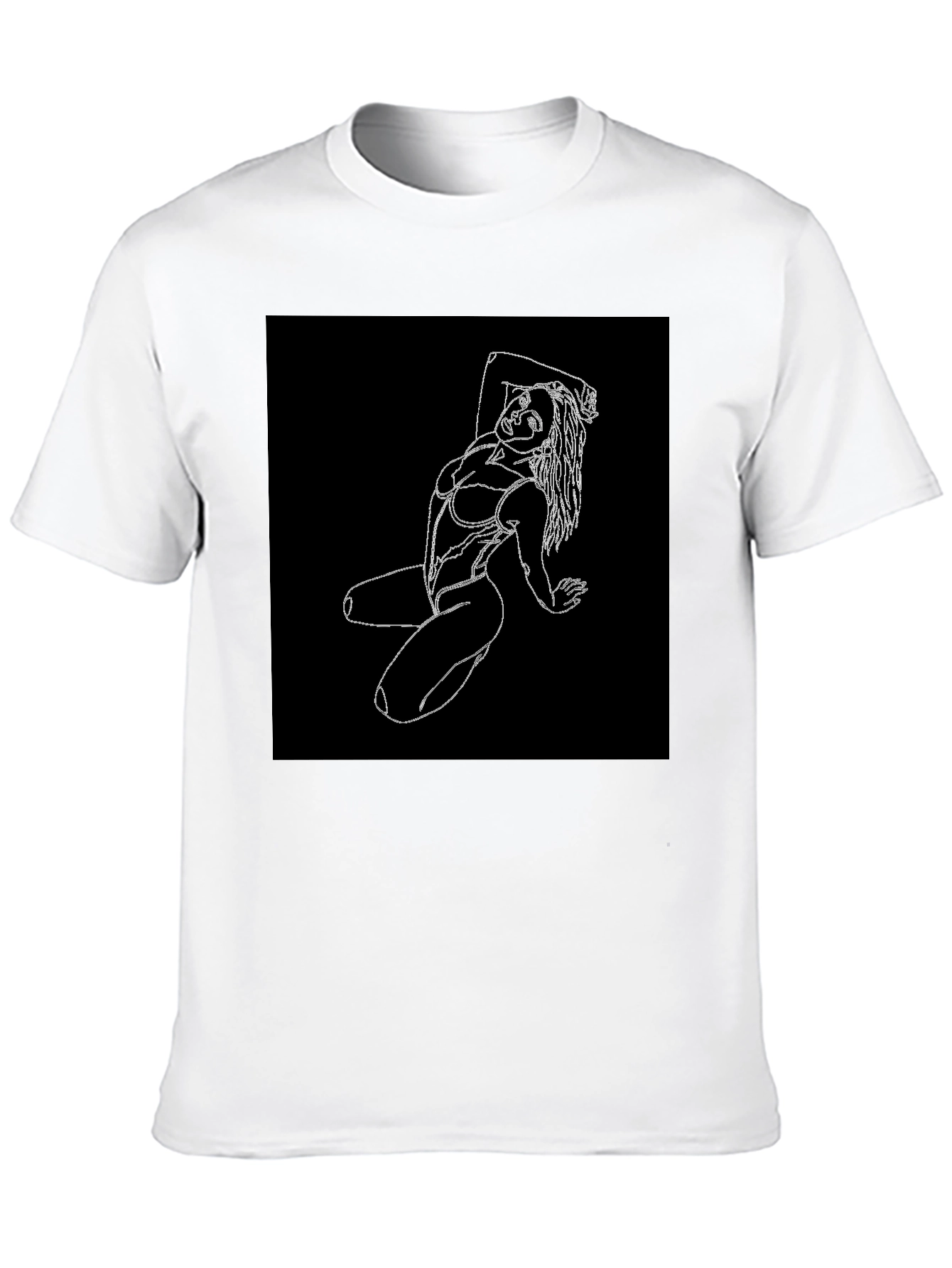 Black T-Shirt with White Line Art Woman Graphic