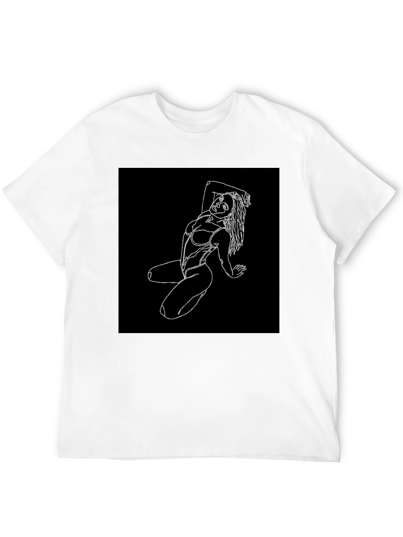 Black T-Shirt with White Line Art Woman Graphic