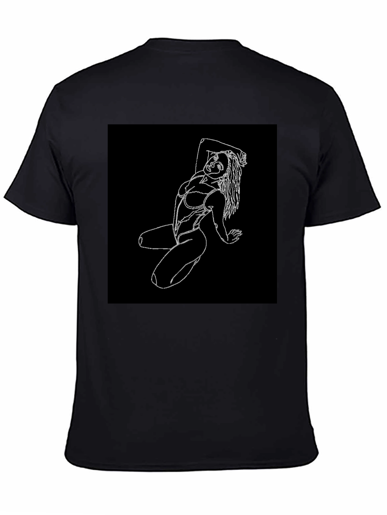 Black T-Shirt with White Line Art Woman Graphic
