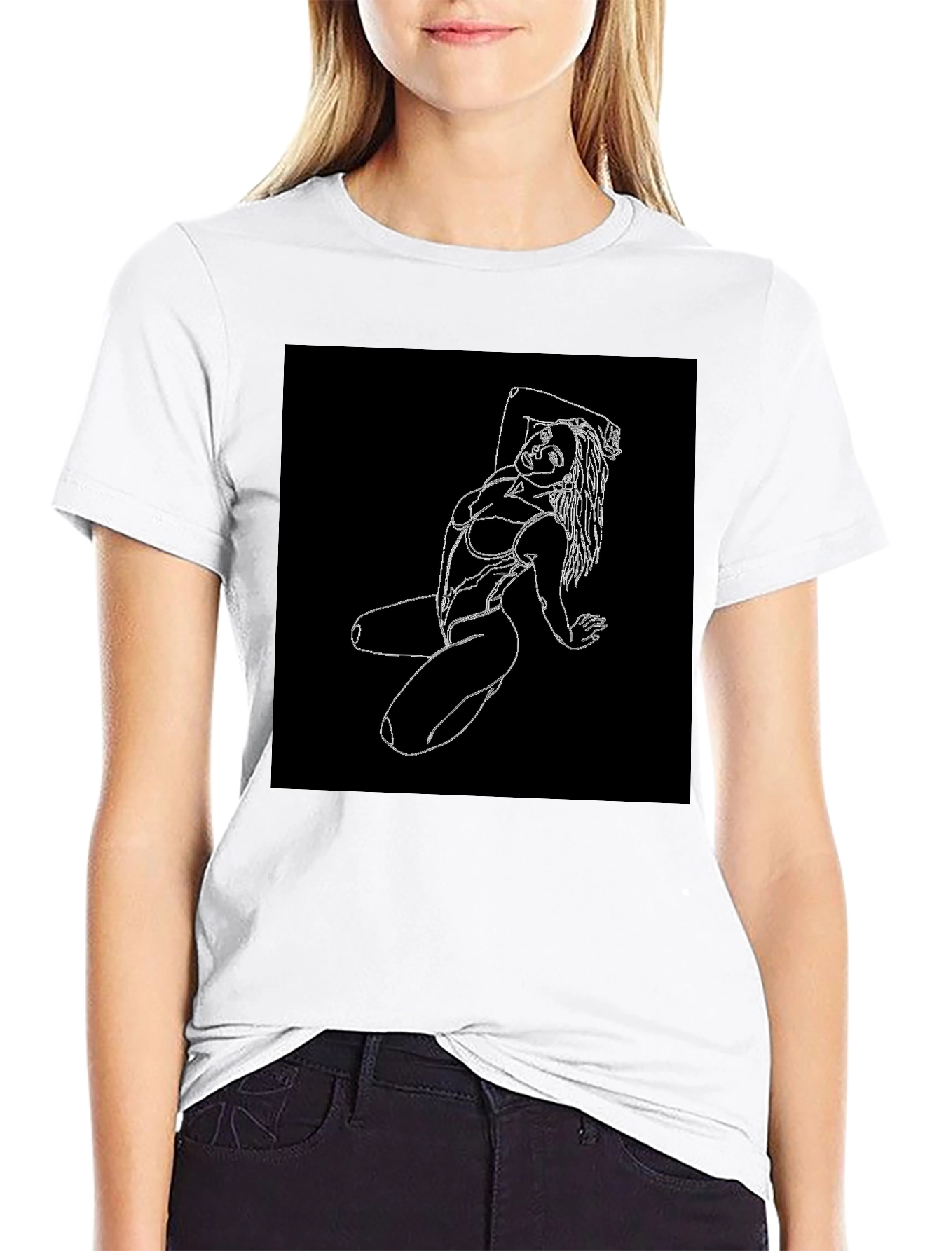 Black T-Shirt with White Line Art Woman Graphic