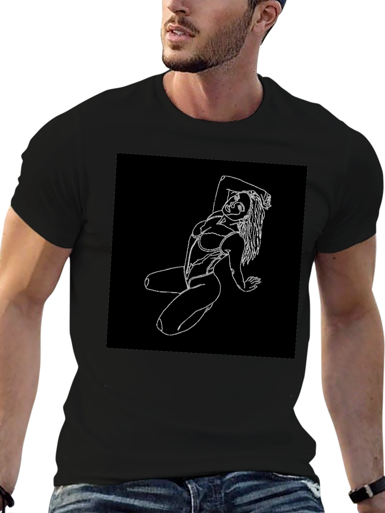 Black T-Shirt with White Line Art Woman Graphic