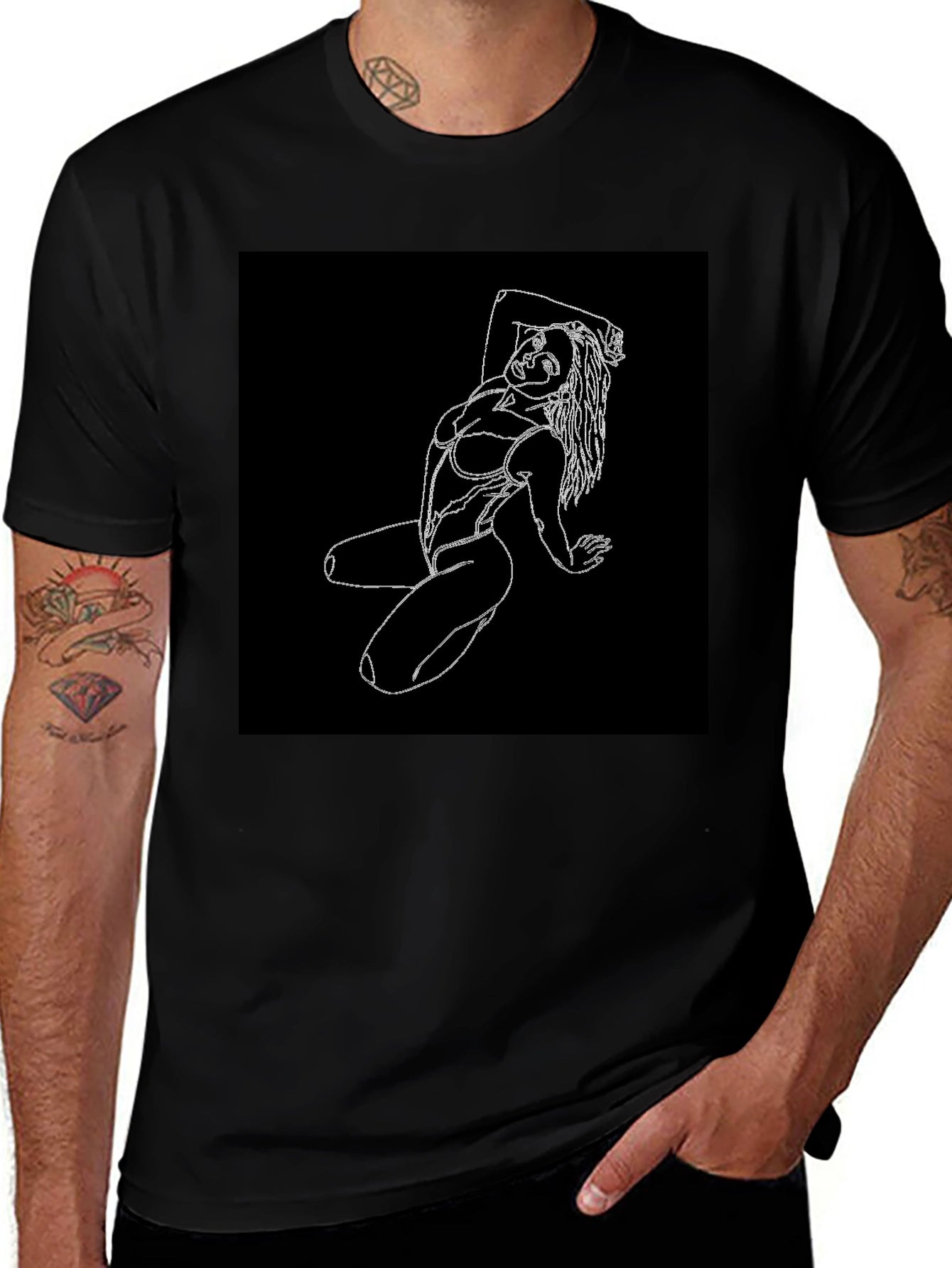 Black T-Shirt with White Line Art Woman Graphic
