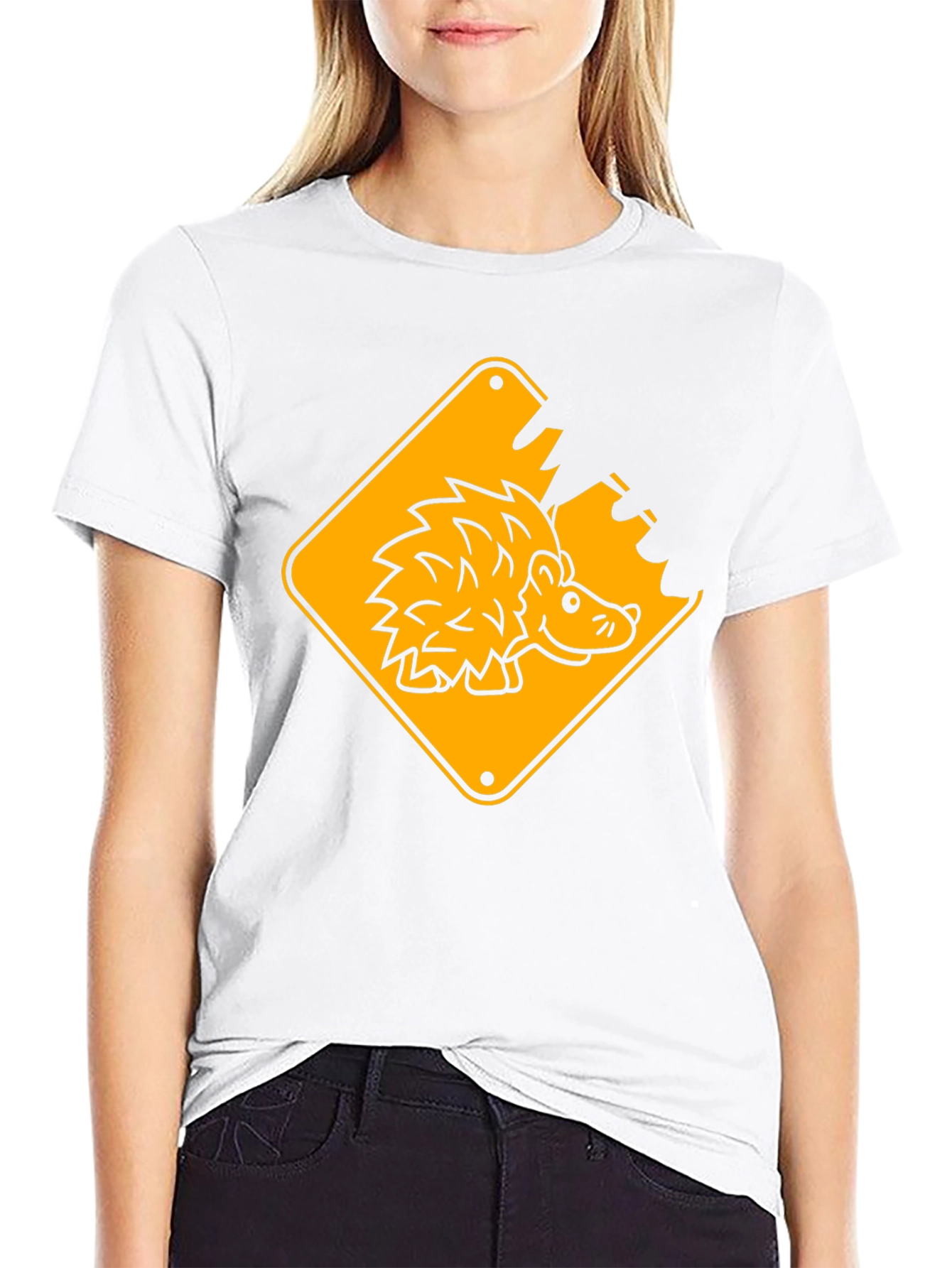 Hedgehog Road Sign Black T-Shirt