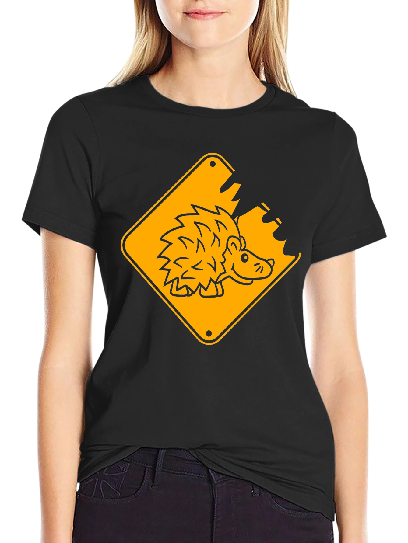 Hedgehog Road Sign Black T-Shirt