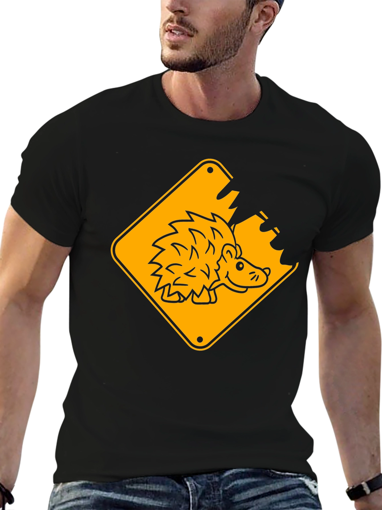 Hedgehog Road Sign Black T-Shirt