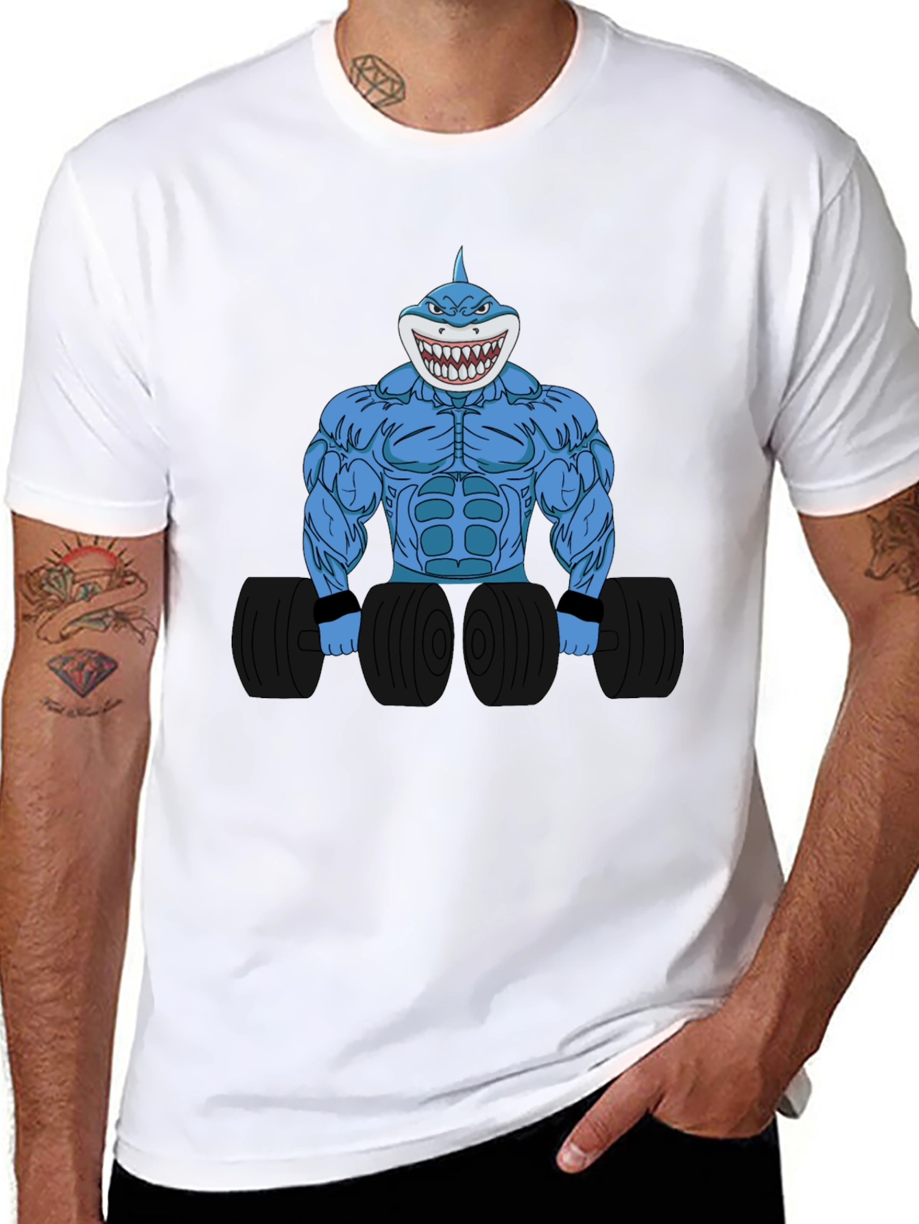 Shark Bodybuilder Graphic Tee - Black Cotton T-Shirt