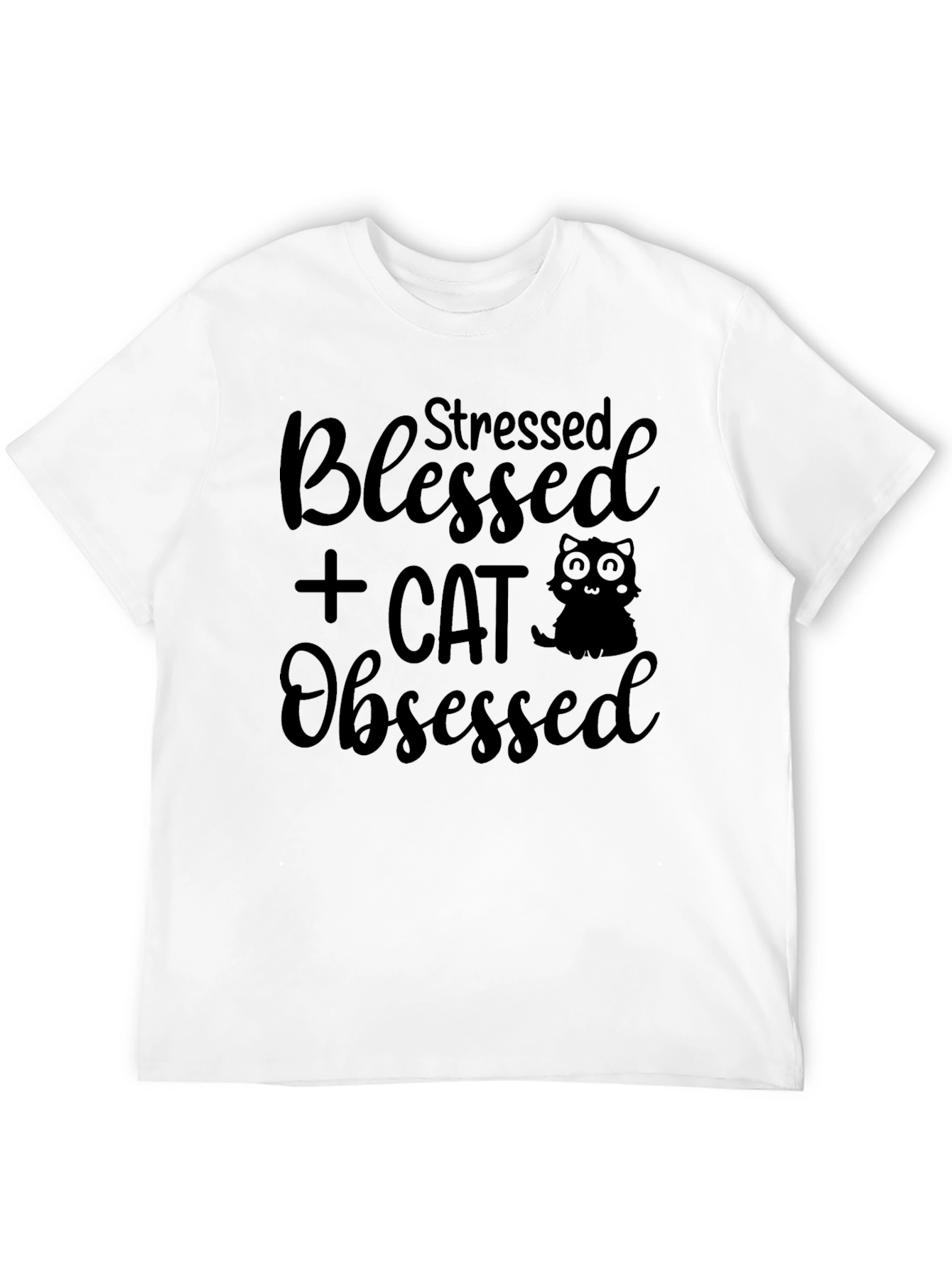 Stressed Blessed Cat Obsessed Black T-Shirt