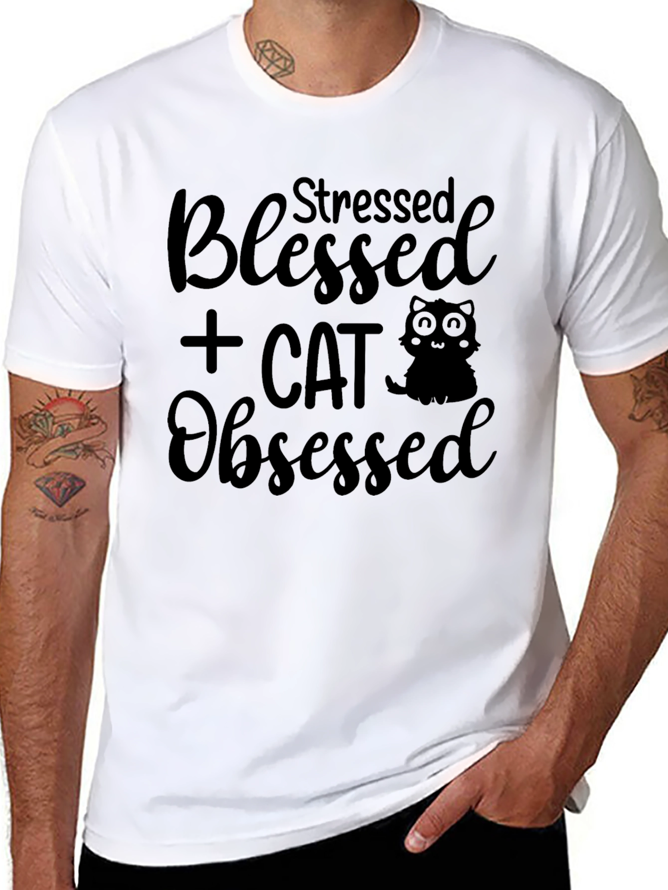 Stressed Blessed Cat Obsessed Black T-Shirt