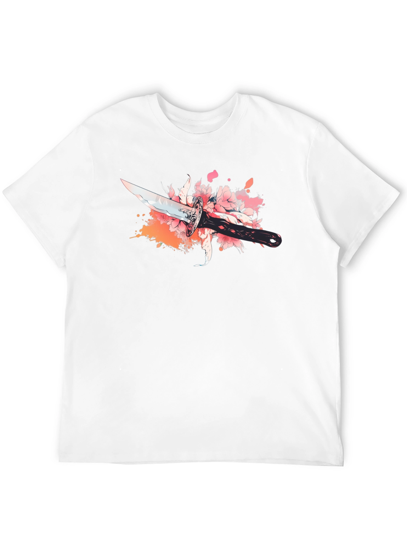Black T-Shirt with Sword and Cherry Blossom Design