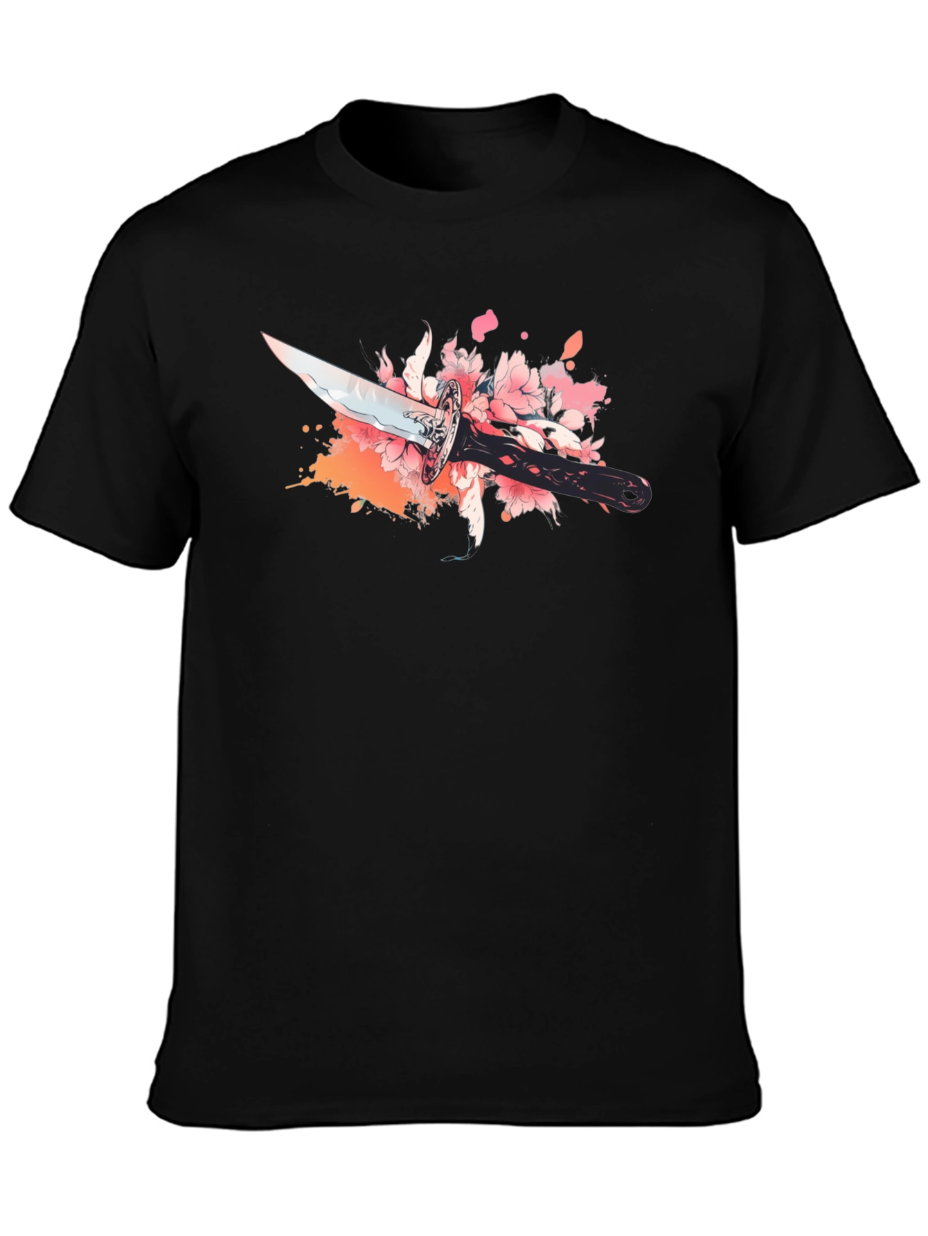 Black T-Shirt with Sword and Cherry Blossom Design