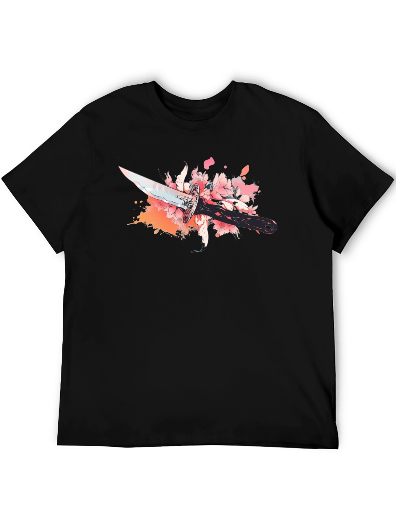 Black T-Shirt with Sword and Cherry Blossom Design