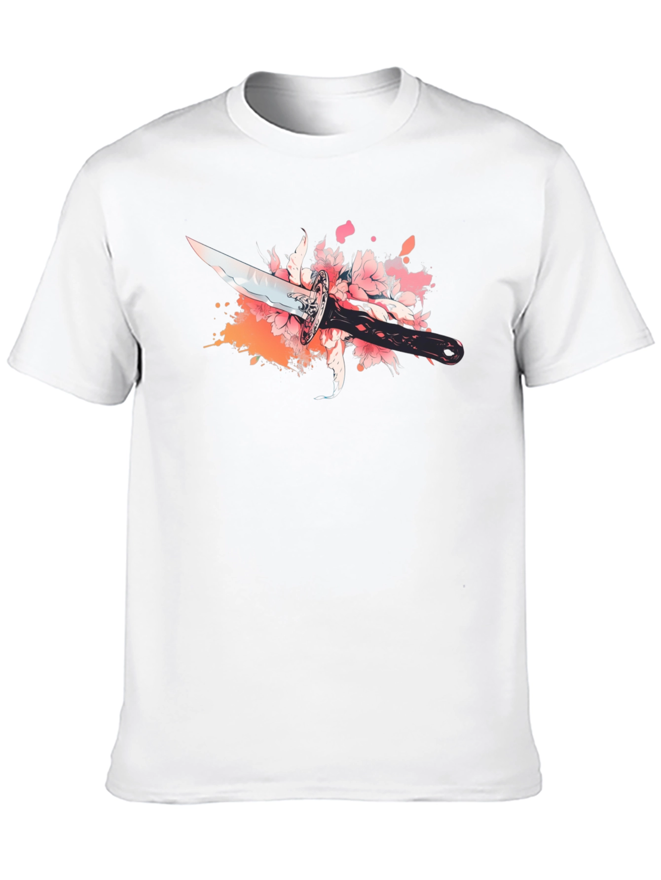 Black T-Shirt with Sword and Cherry Blossom Design