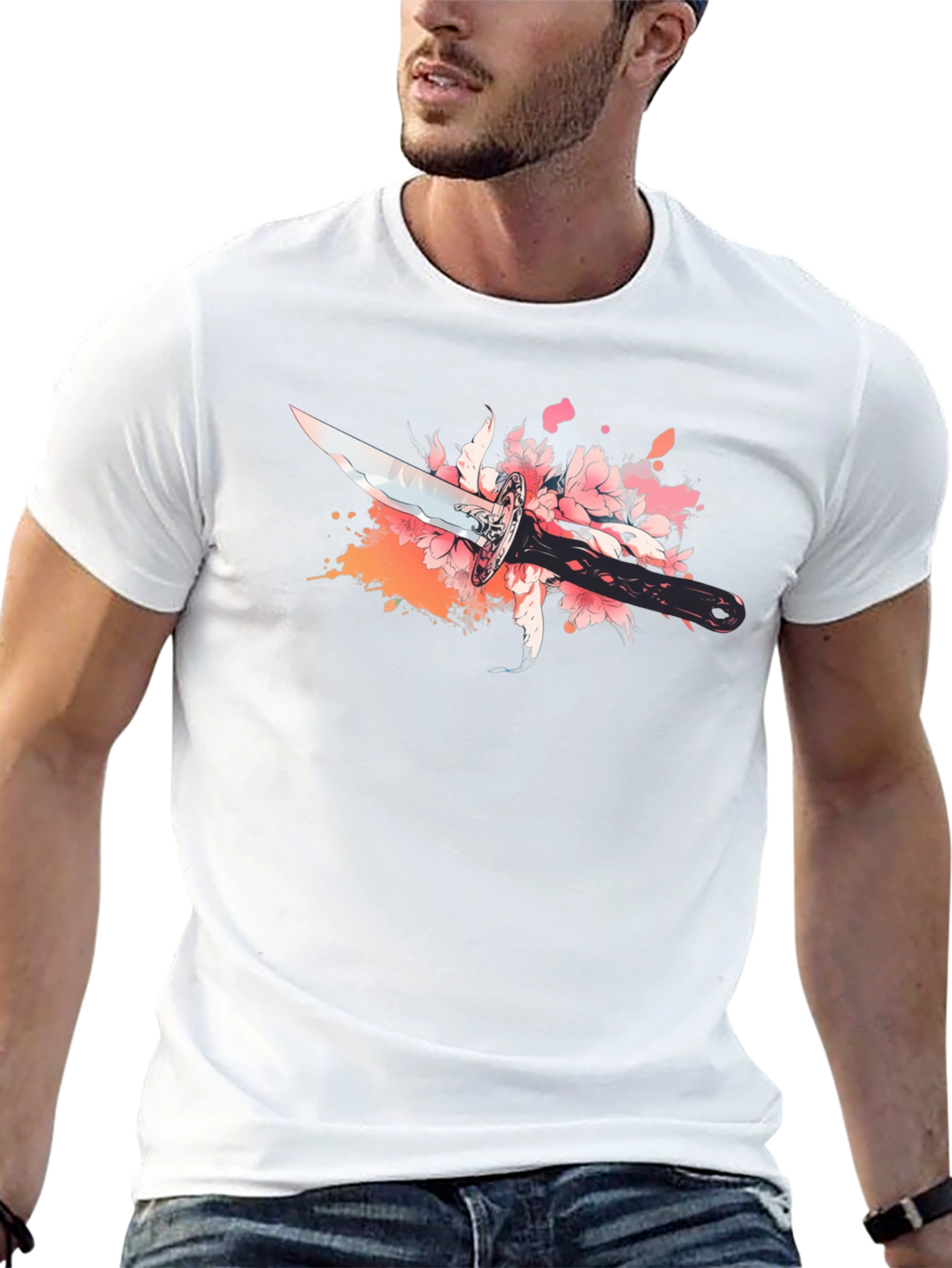 Black T-Shirt with Sword and Cherry Blossom Design